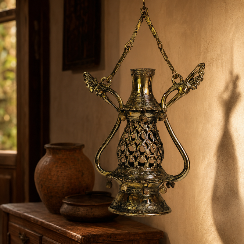 Dhokra Lantern Design 1 hanging in a warm entryway above a walnut console
