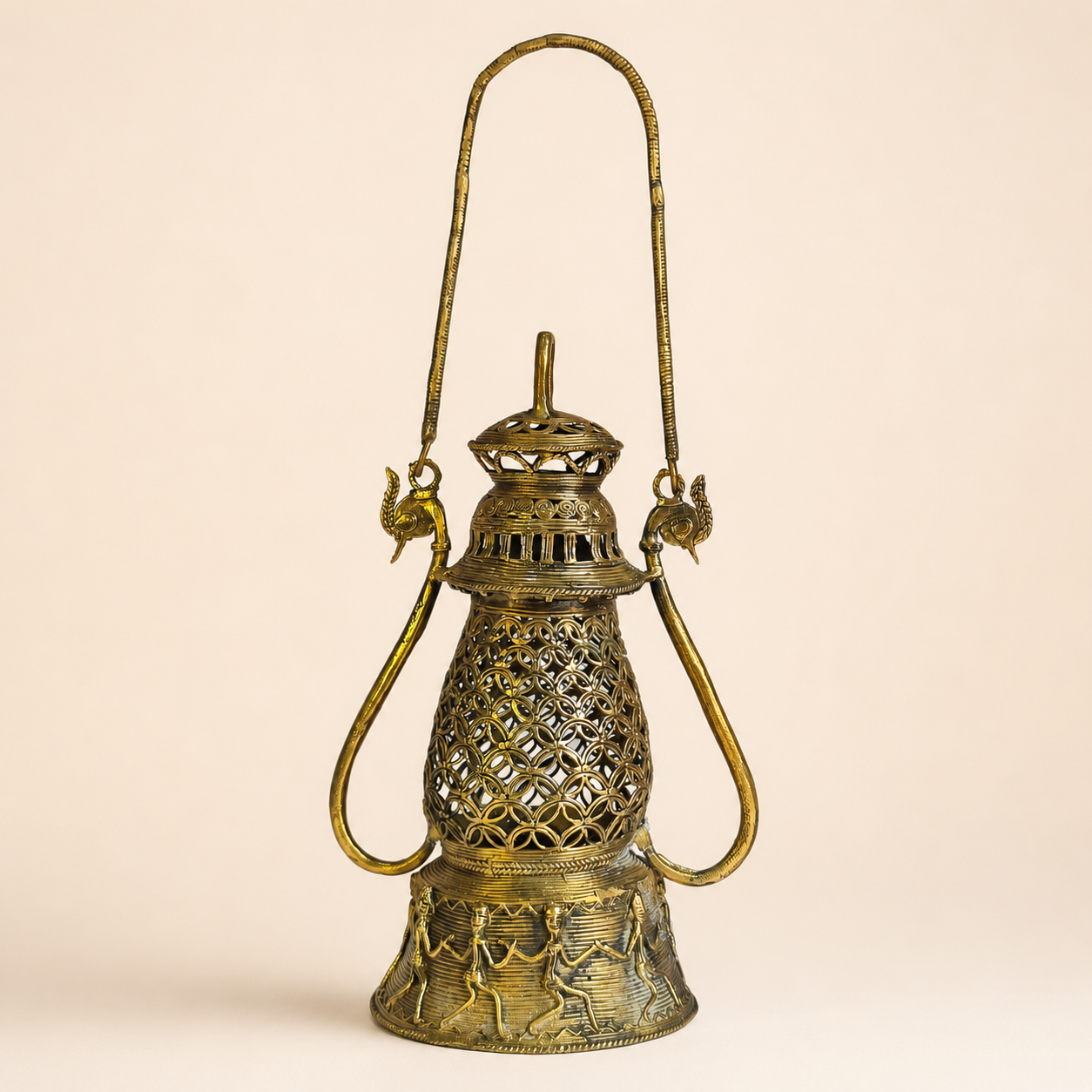 Dhokra Lantern Design 2 with tall handle on a warm ivory studio background