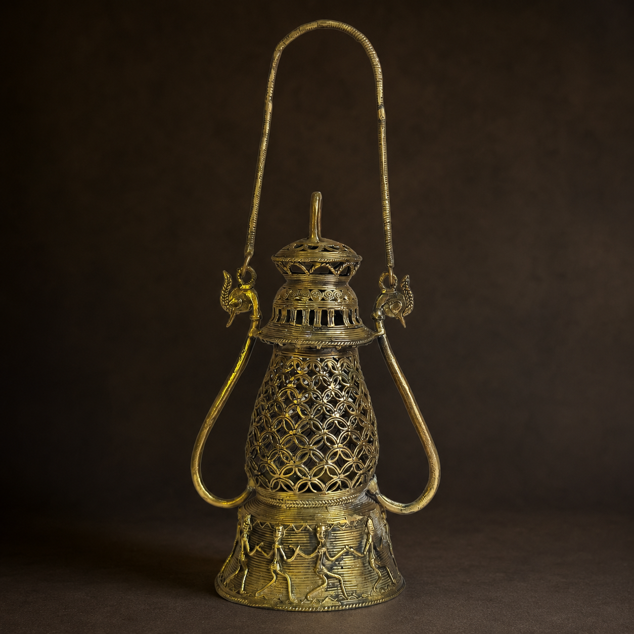 Detailed view of Dhokra Lantern Design 2 showing elephant connectors, loop lattice, cap and dancing-figure base