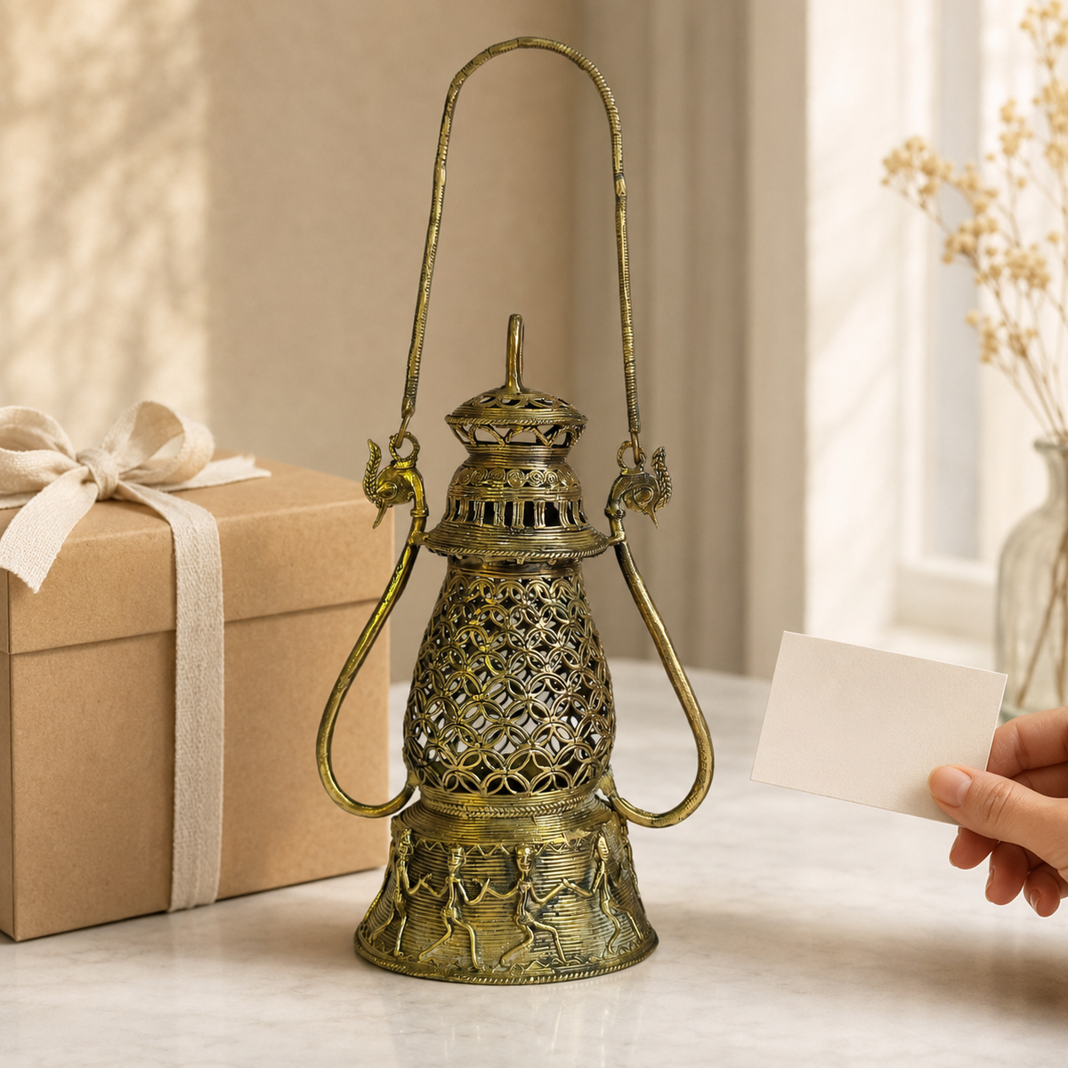 Dhokra Lantern Design 2 brass tribal lamp beside a ribboned gift box and note card
