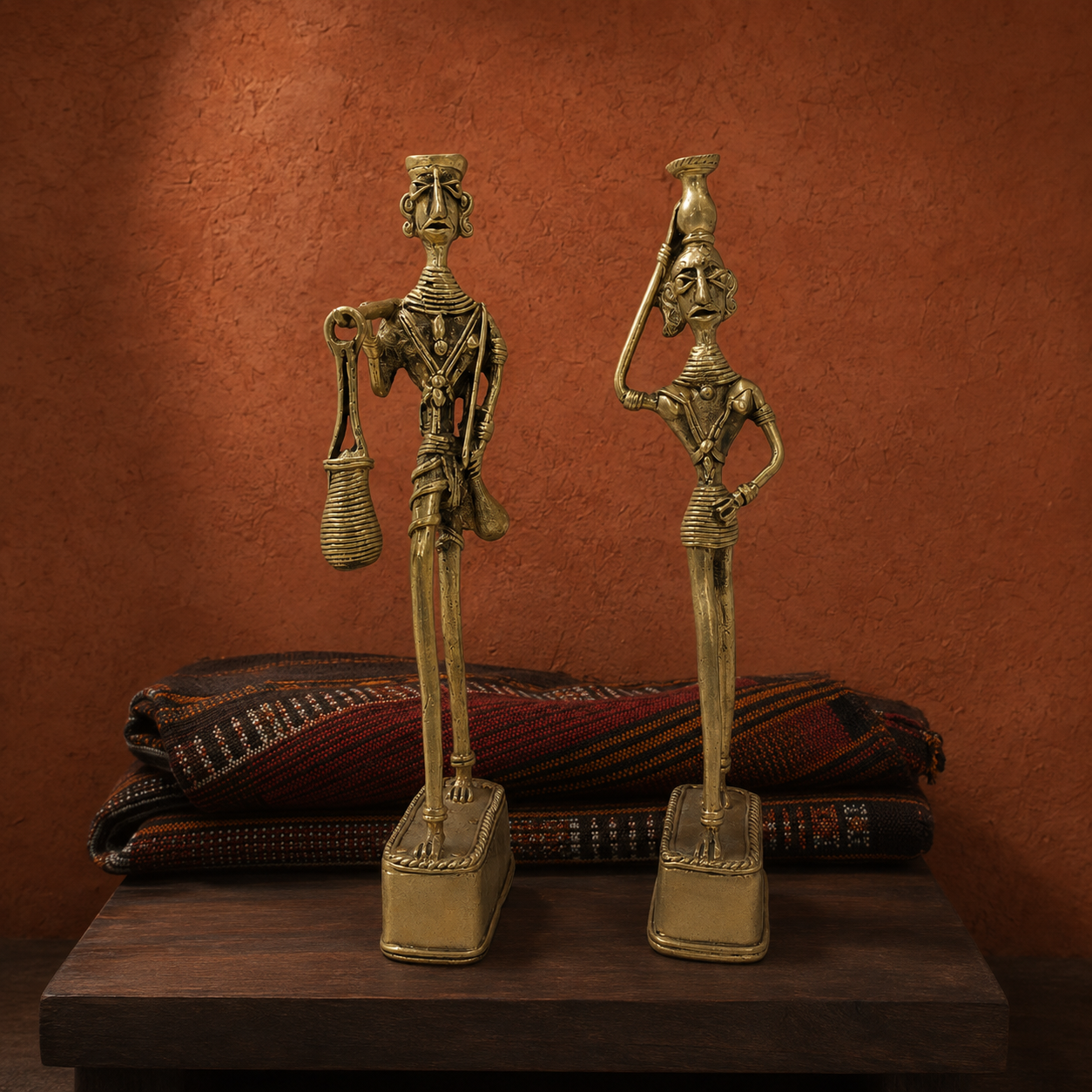 Dhokra Madia Madin tribal couple styled with Bastar textile against a terracotta backdrop
