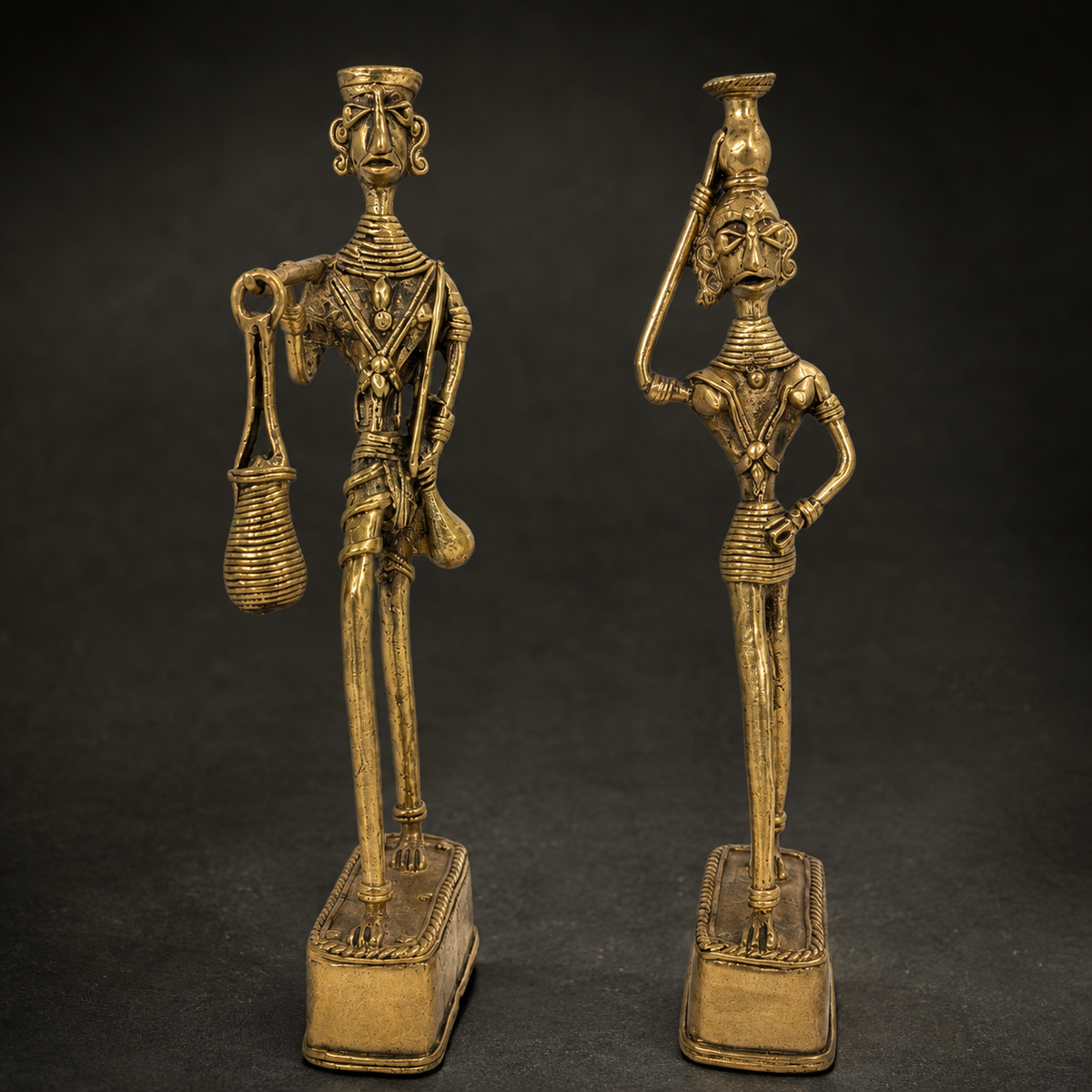 Craftsmanship view of the lost-wax texture and ornamentation on the Dhokra Madia Madin couple