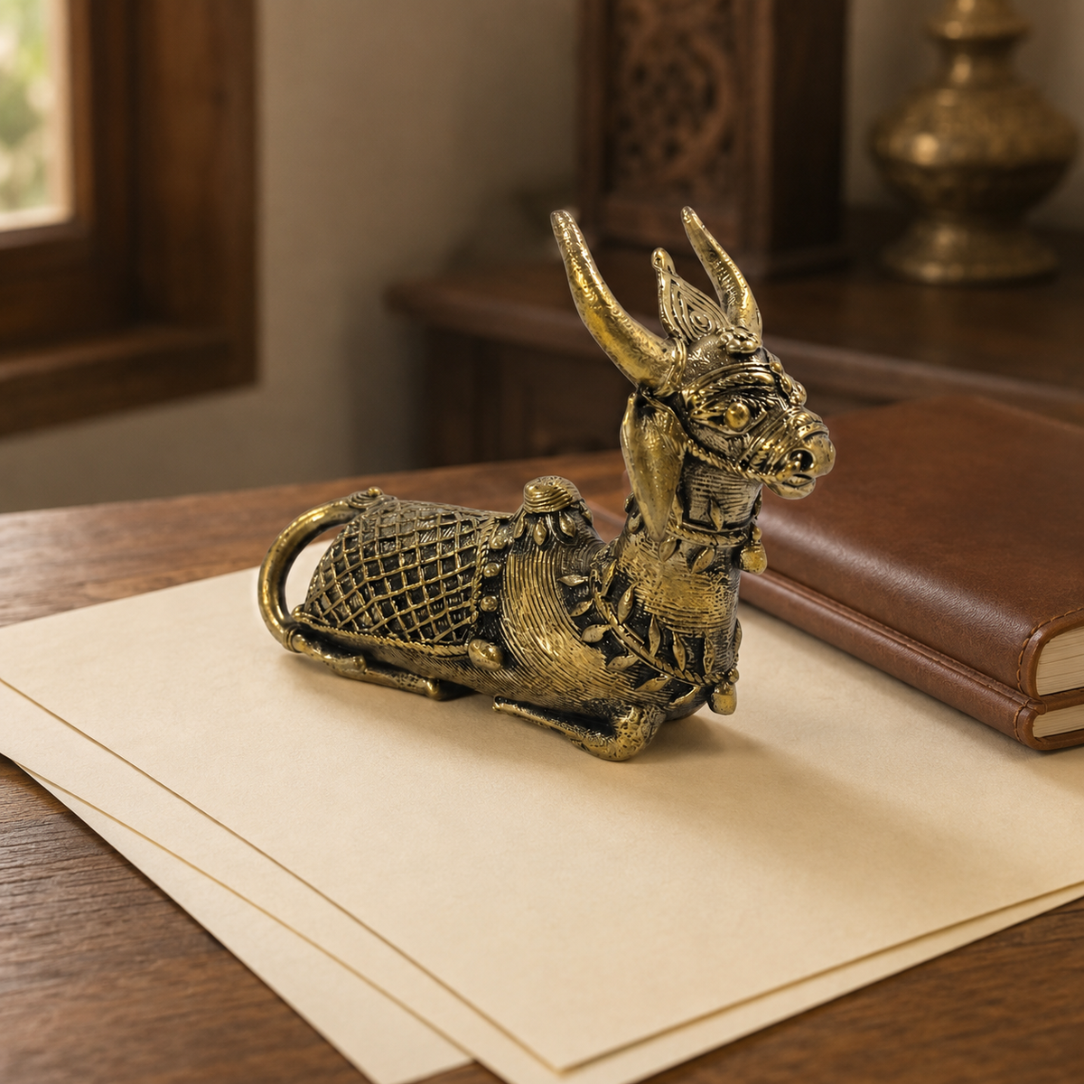 Dhokra Mini Nandi brass paperweight holding cream papers on a wooden desk