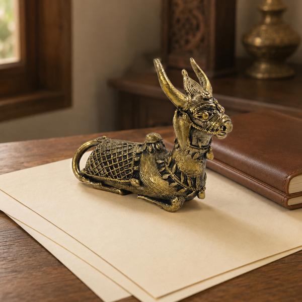 Dhokra Mini Nandi brass paperweight holding cream papers on a wooden desk