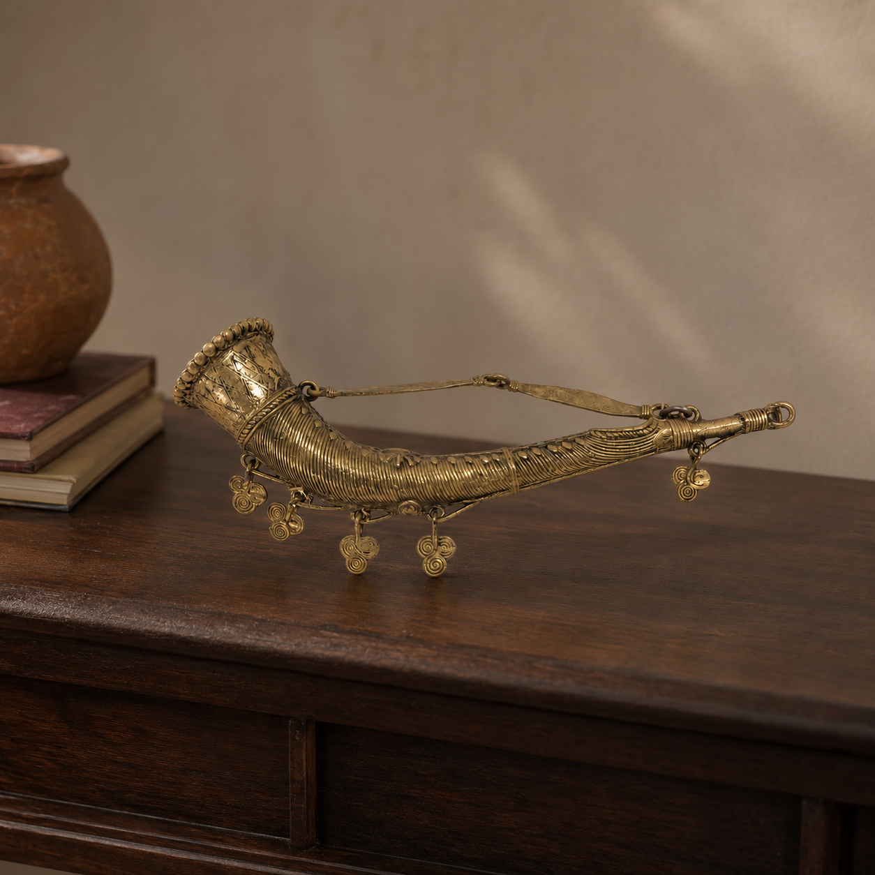 Dhokra Mini Todi displayed on a dark teak console in a warm Indian home