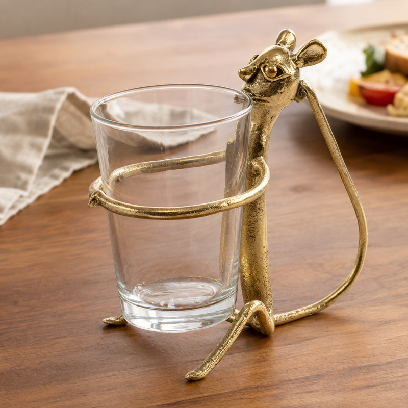 Dhokra brass monkey cup holder with clear glass on a warm dining table
