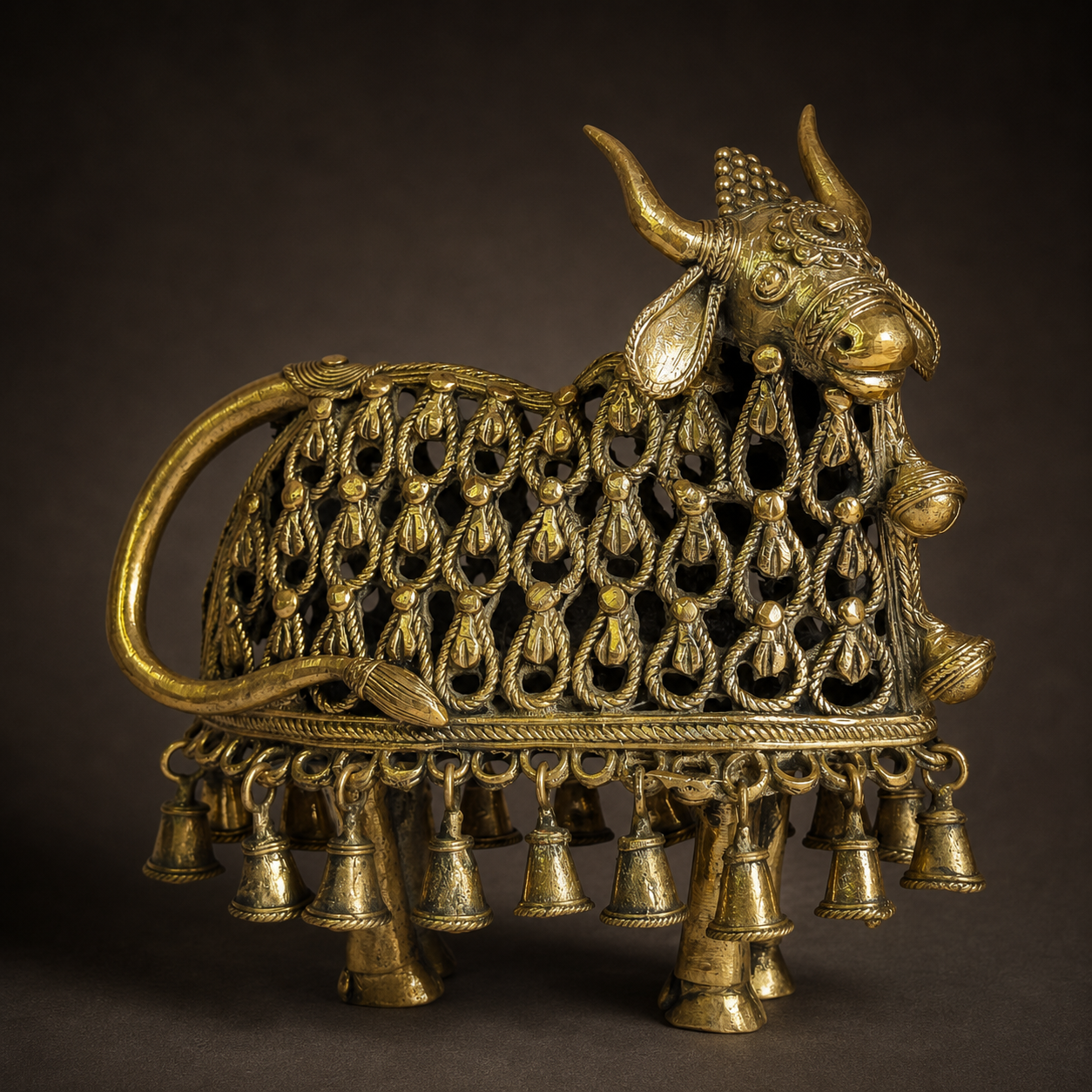 Detailed view of Dhokra Nandi Bell Design showing horns, openwork loops, hanging bells, tail and brass texture