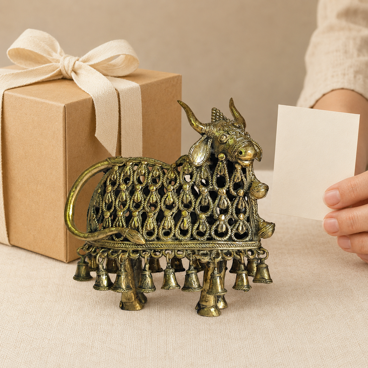 Dhokra Nandi Bell Design brass figurine beside a wrapped gift and greeting card for scale