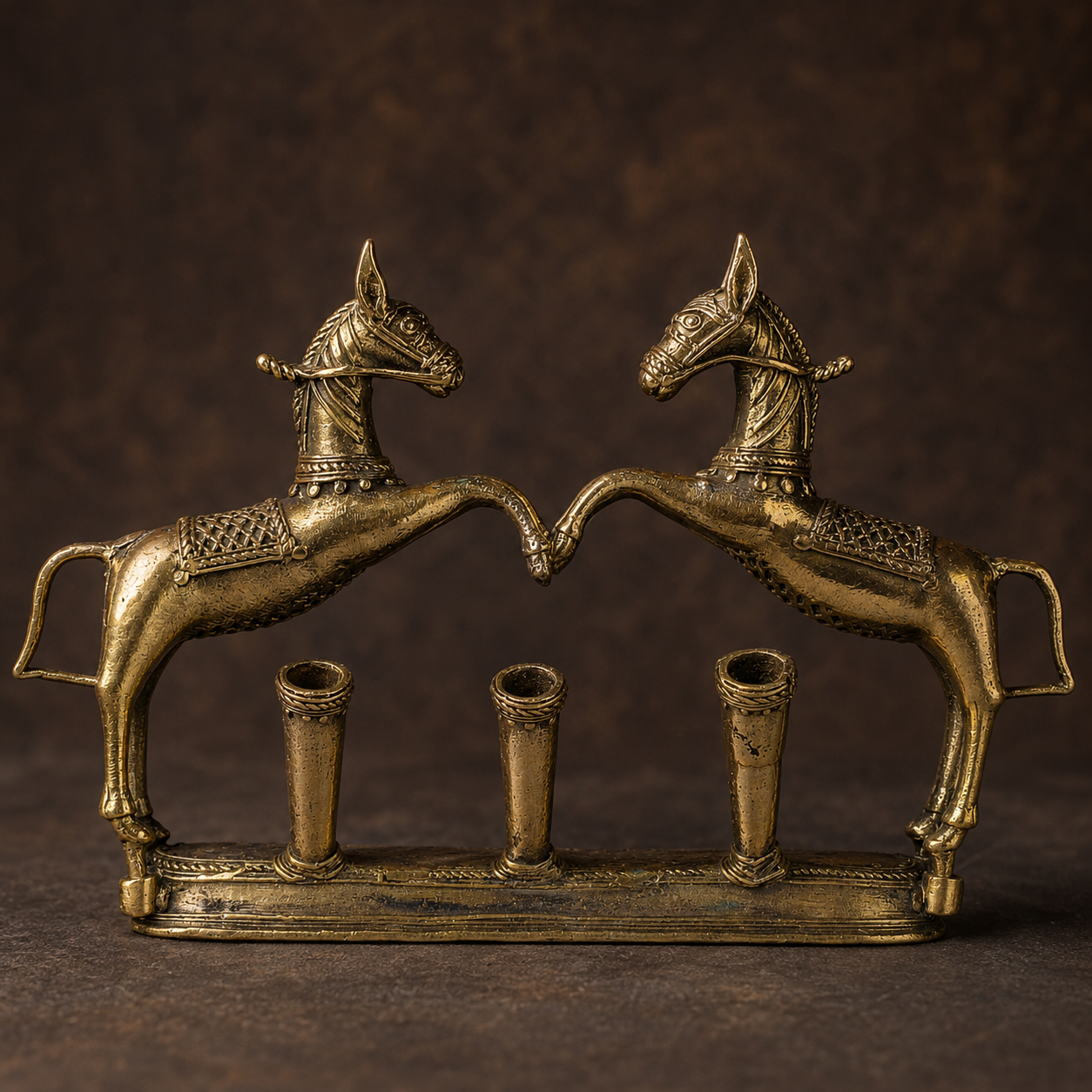 Detailed view of Dhokra Pen Holder Design 1 showing paired horses, bridles, saddle relief, three tubes and brass base
