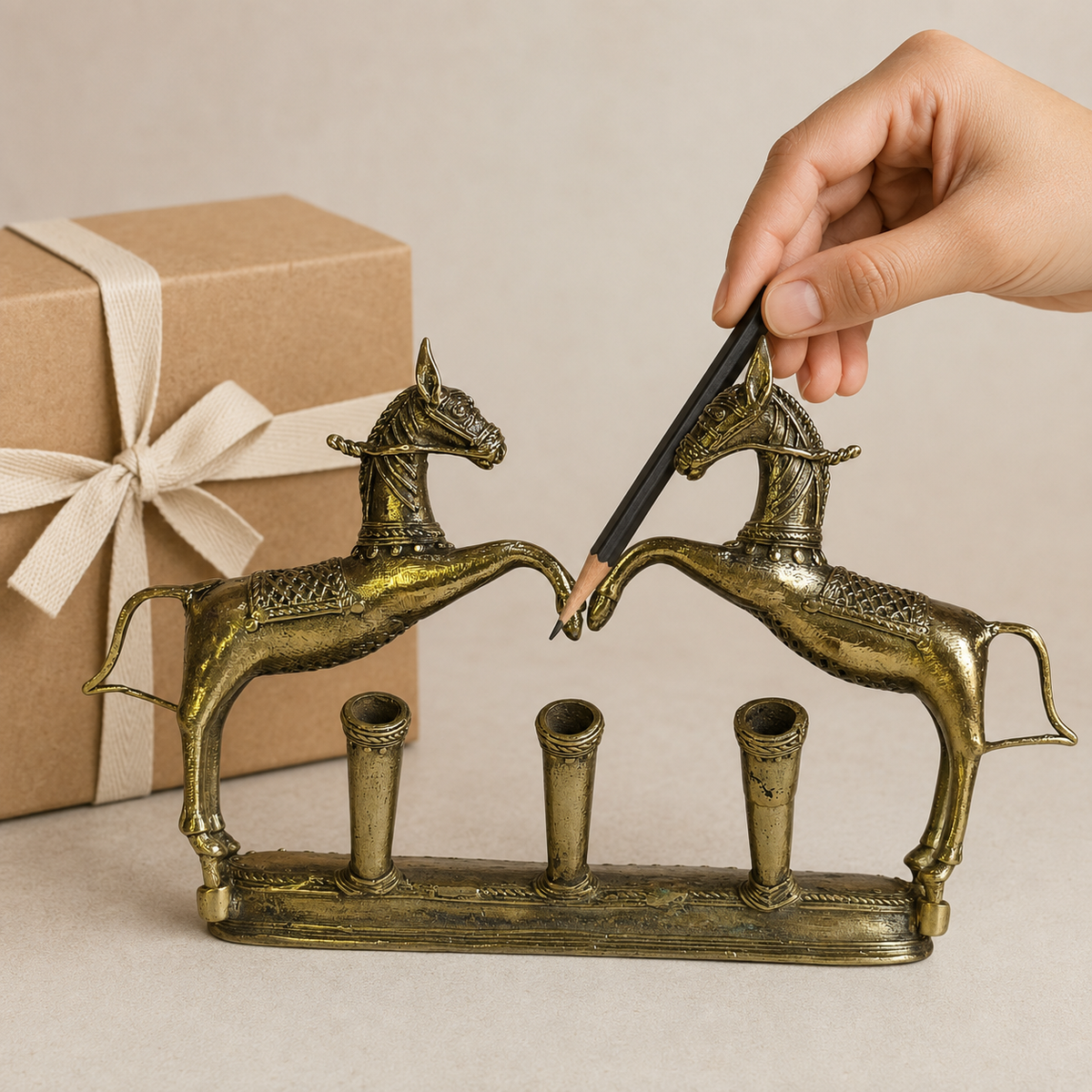 Dhokra Pen Holder Design 1 with paired brass horses, three pen tubes, gift box and hand for scale
