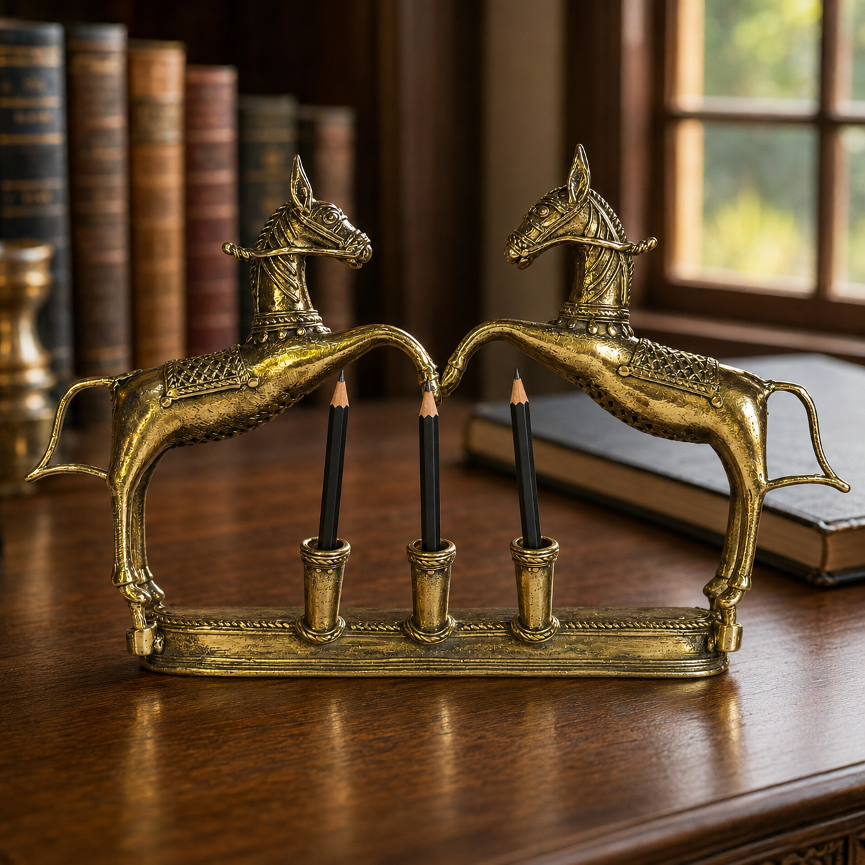 Dhokra Pen Holder Design 1 holding three black pencils on a walnut writing desk