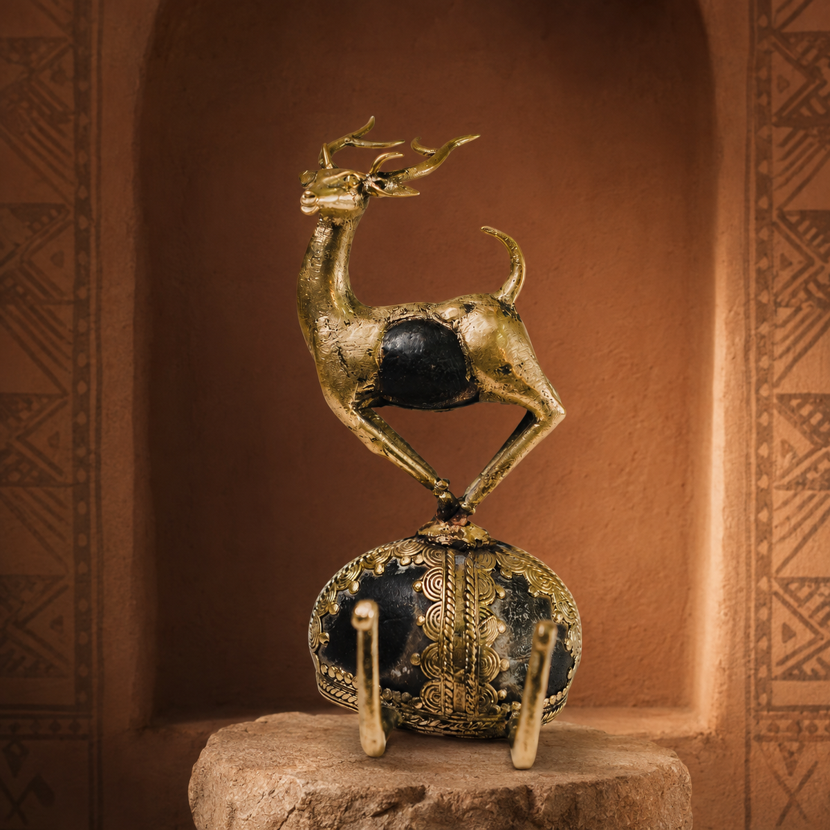 Bastar Dhokra rock fusion deer presented in a terracotta craft gallery niche