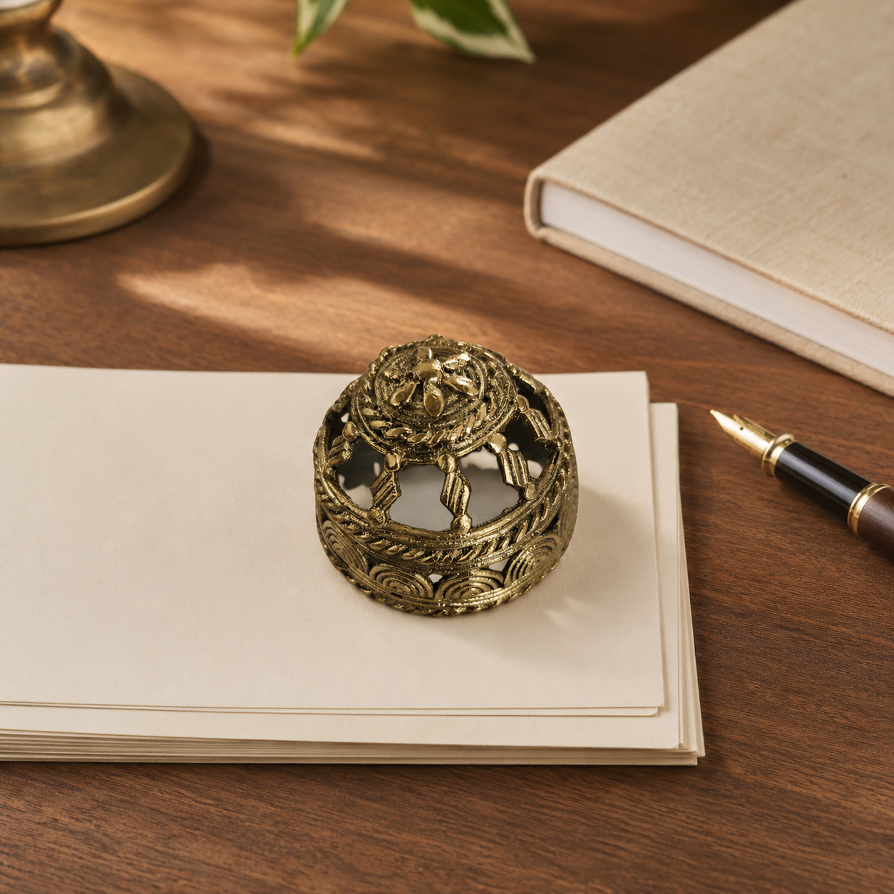 Dhokra Round Paperweight used on correspondence papers on a walnut desk