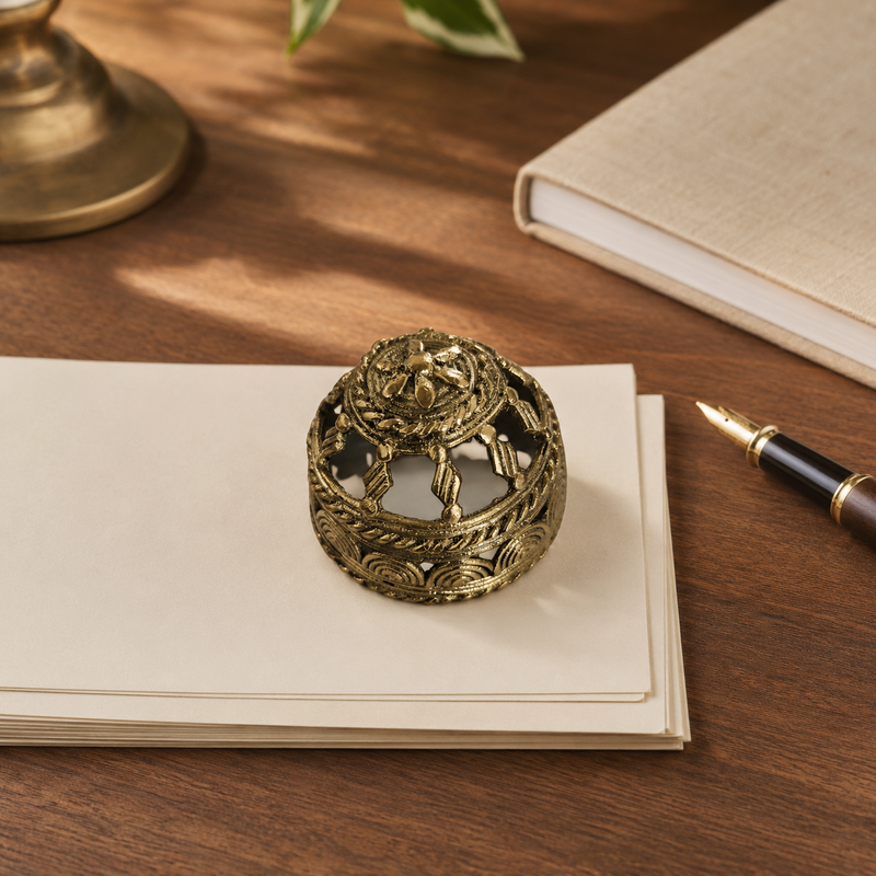 Dhokra Round Paperweight used on correspondence papers on a walnut desk