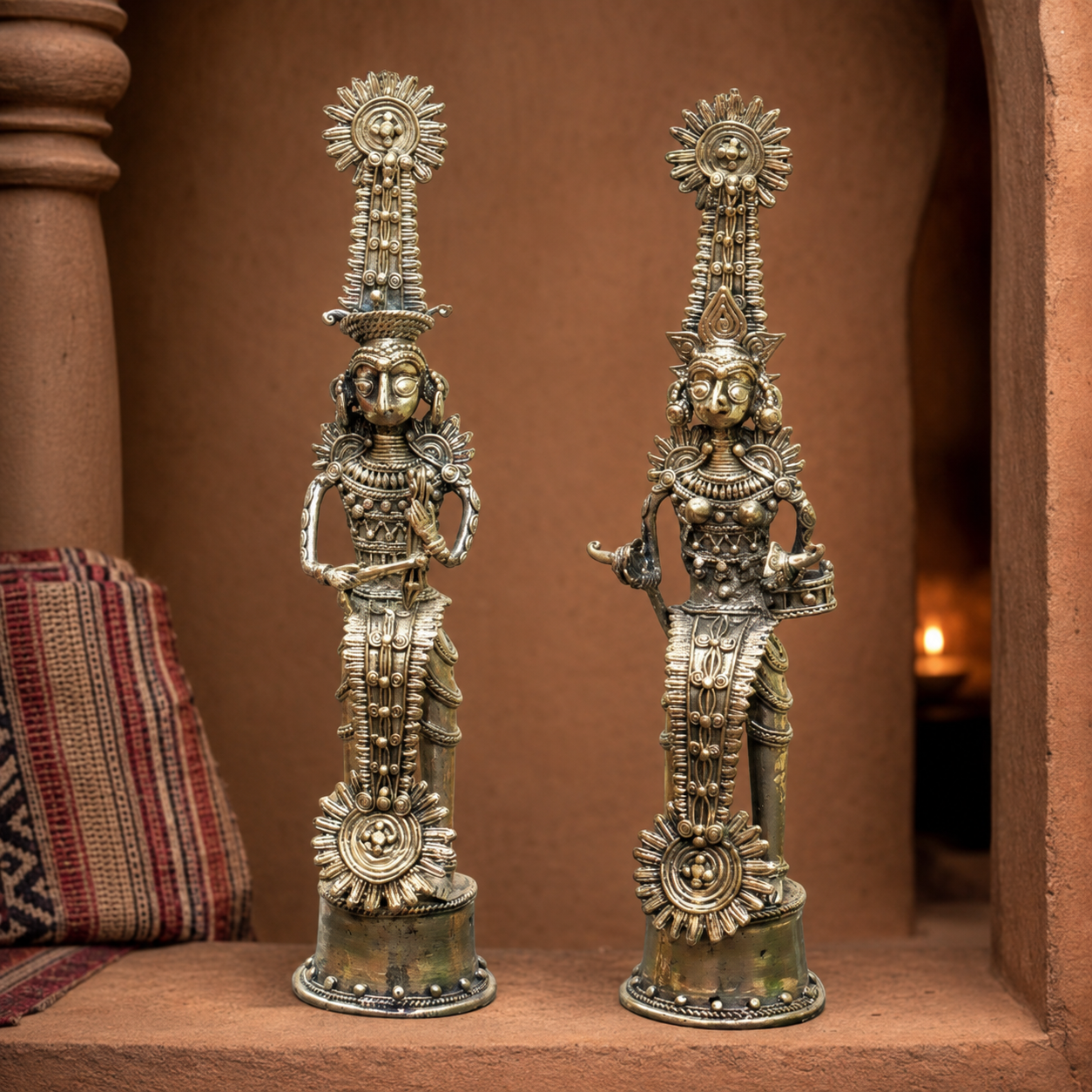 Bastar Dhokra ceremonial brass figurine pair in an earthy Bastar-inspired editorial setting