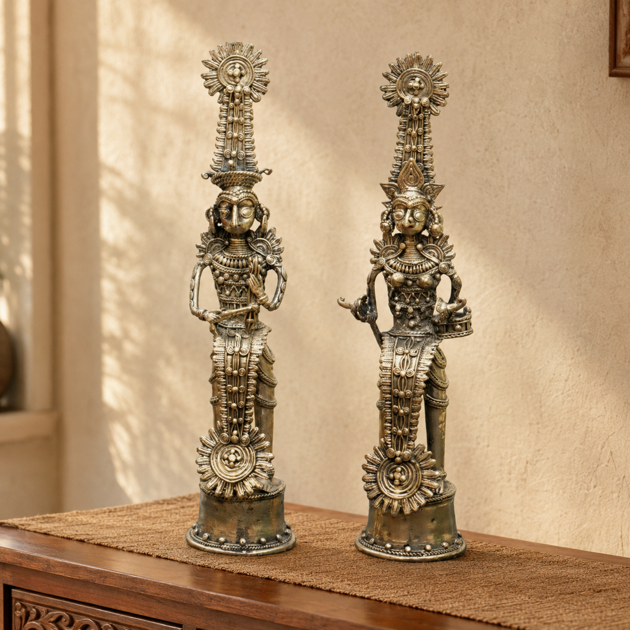 Bastar Dhokra royal ceremonial pair displayed on a warm living-room console