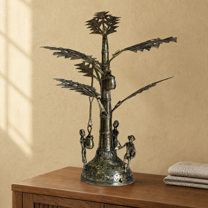 Dhokra Salfi Tree sculpture displayed on a wooden console in a warm interior