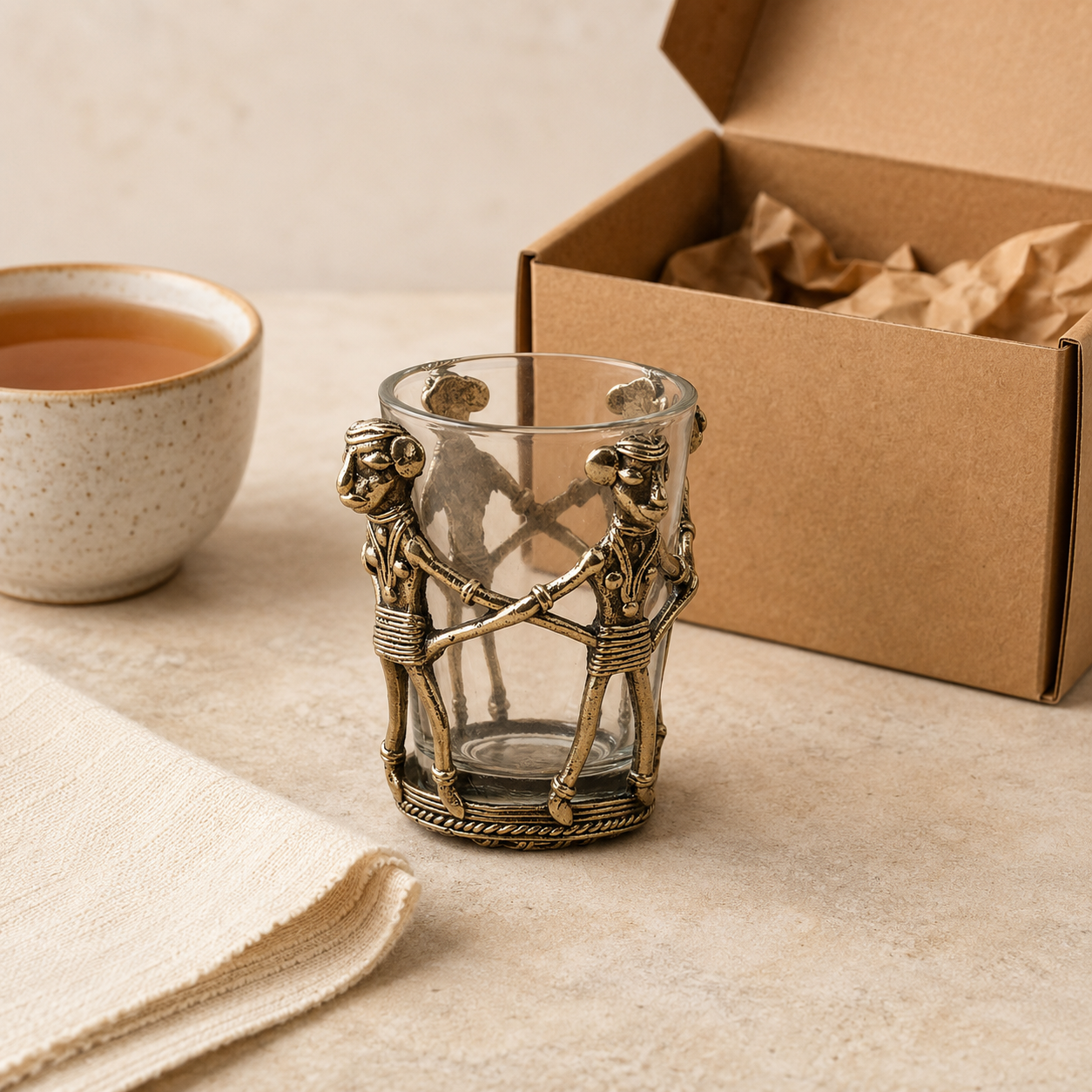 Dhokra brass tea holder beside a kraft gift box, cotton cloth and ceramic teacup
