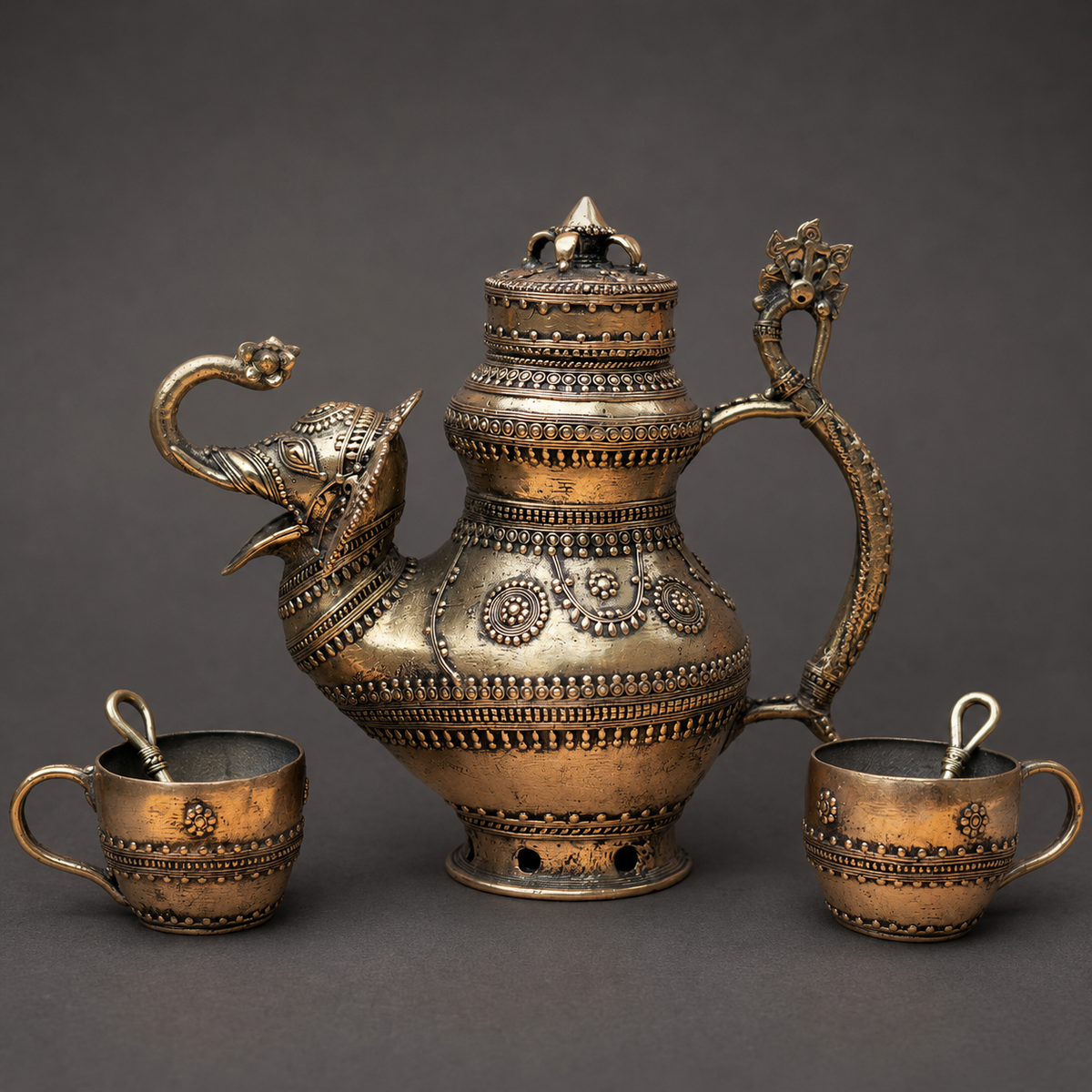 Detailed Dhokra tea set showing elephant spout, ornate handle, relief bands and brass patina