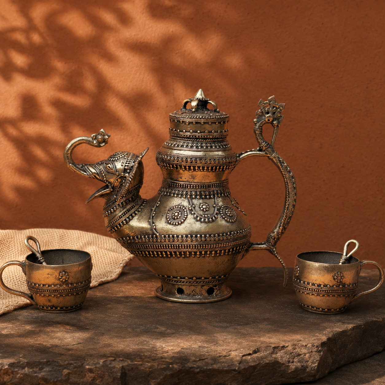 Five-piece Dhokra brass tea set in an earthy Bastar-inspired editorial setting
