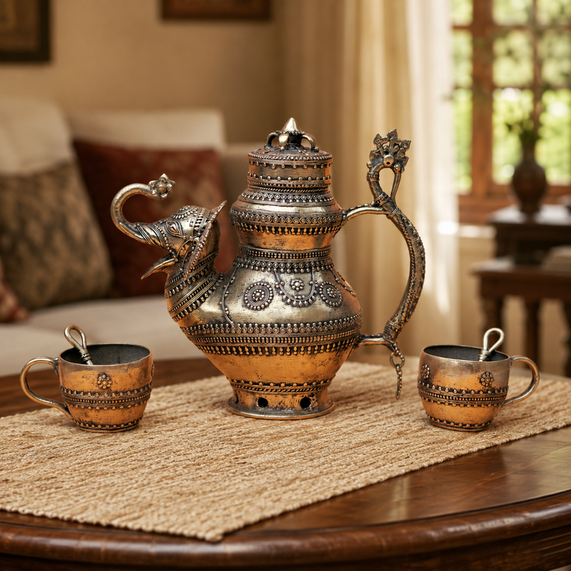 Five-piece Dhokra brass tea set arranged on a refined living-room tea table