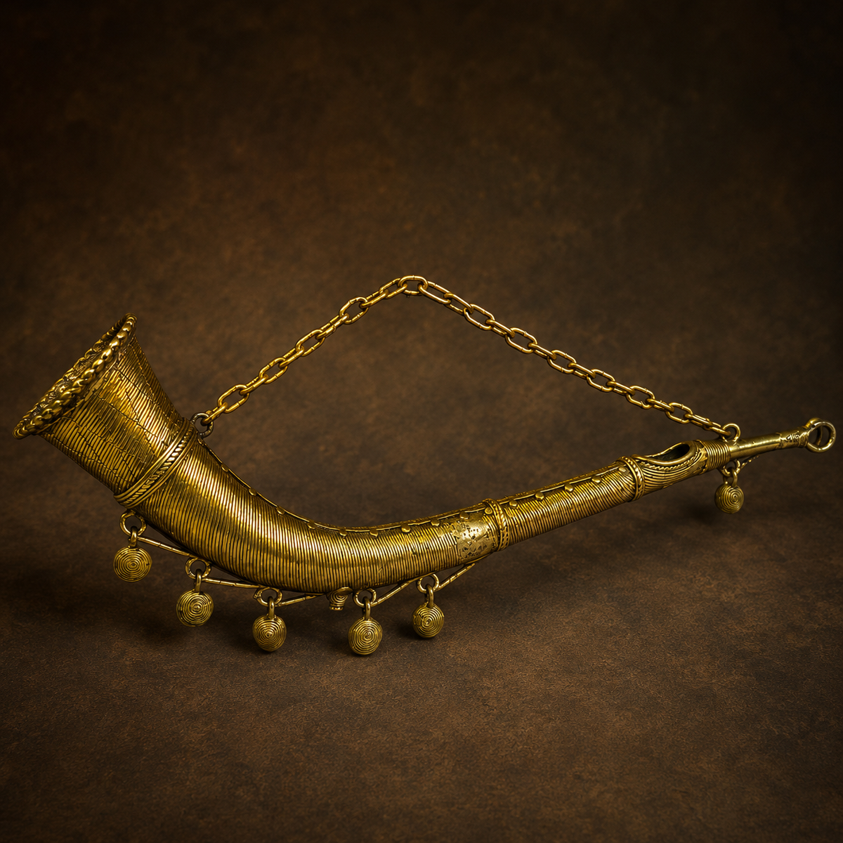 Detailed view of Dhokra Todi showing the flared bell, coiled texture, chain and spiral pendants