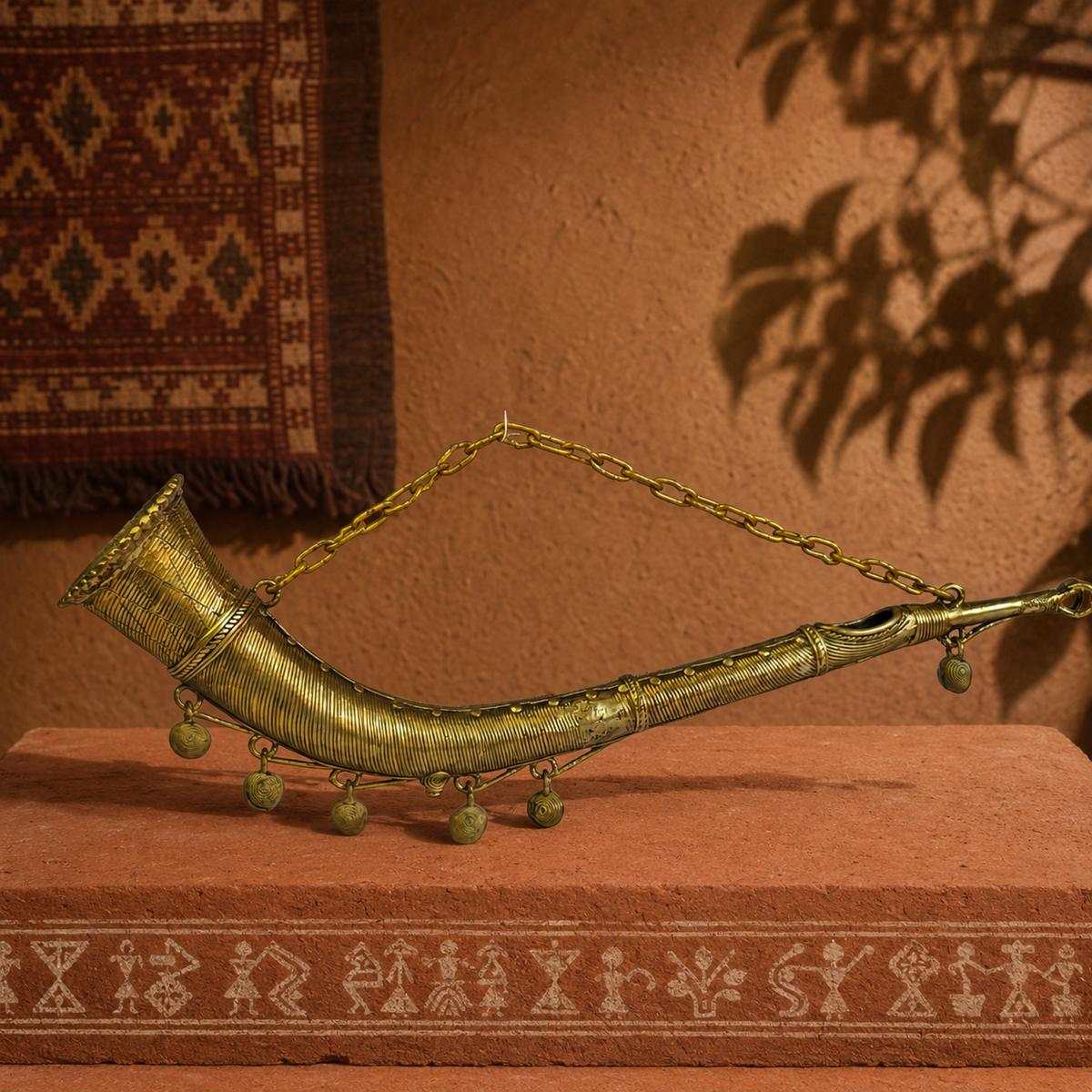 Dhokra Todi brass horn on a terracotta plinth in a Bastar-inspired editorial setting