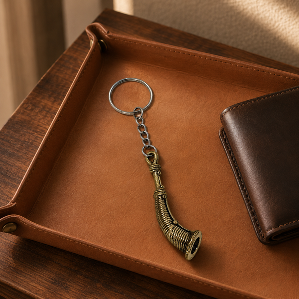 Dhokra Todi keyring on a tan leather valet tray beside a wallet
