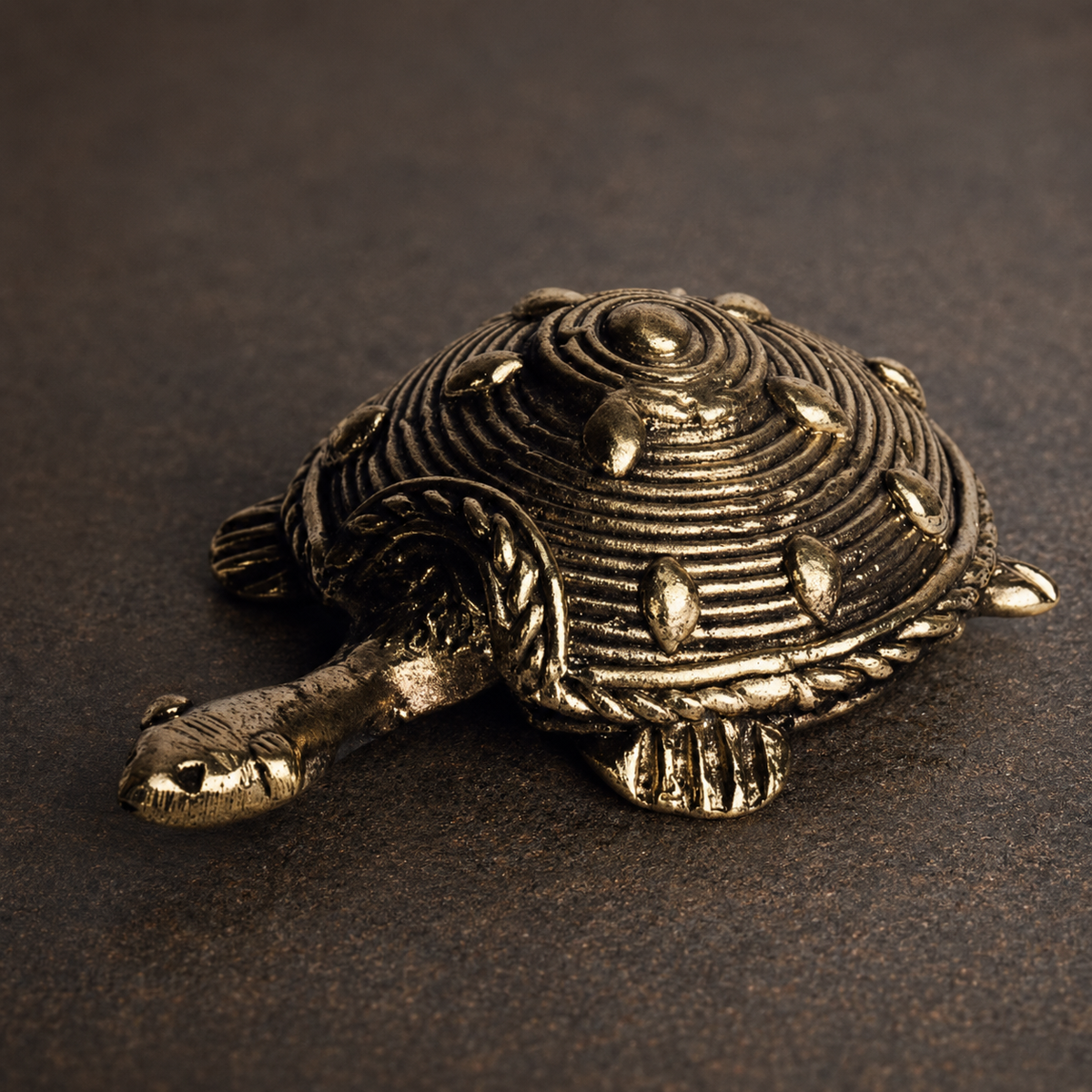 Close view of the ribbed shell and leaf ornamentation on a Dhokra tortoise
