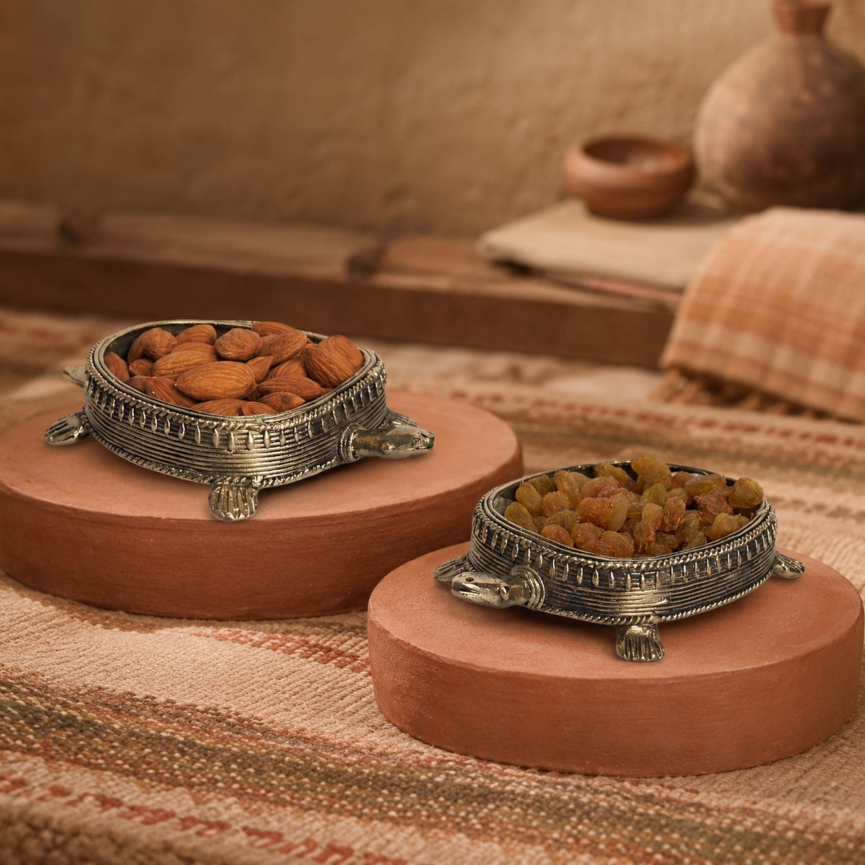 Dhokra tortoise dry fruit holders displayed on terracotta plinths in a Bastar-inspired setting