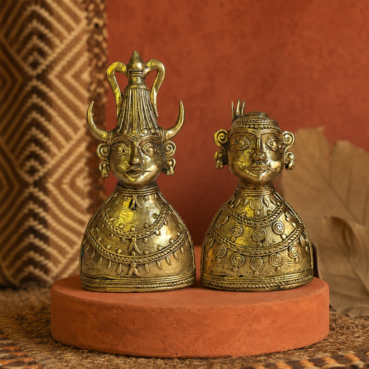Pair of Dhokra tribal bust figurines styled on a terracotta pedestal with Bastar-inspired natural textures