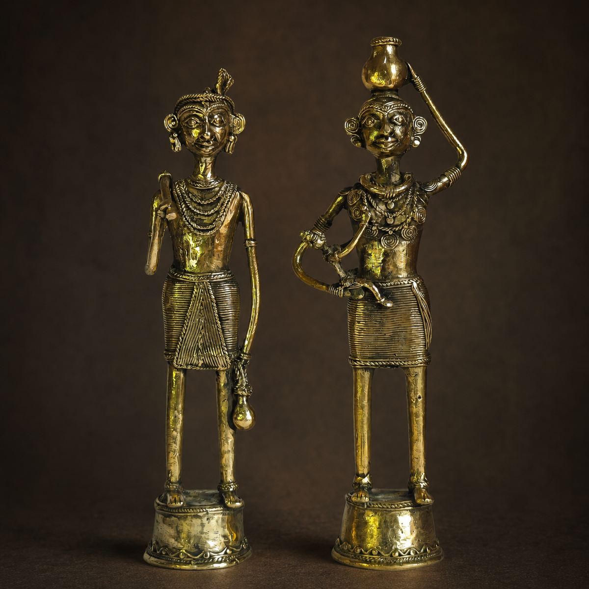 Detailed view of Dhokra Tribal Couple showing ornaments, head pot, staff and brass casting texture