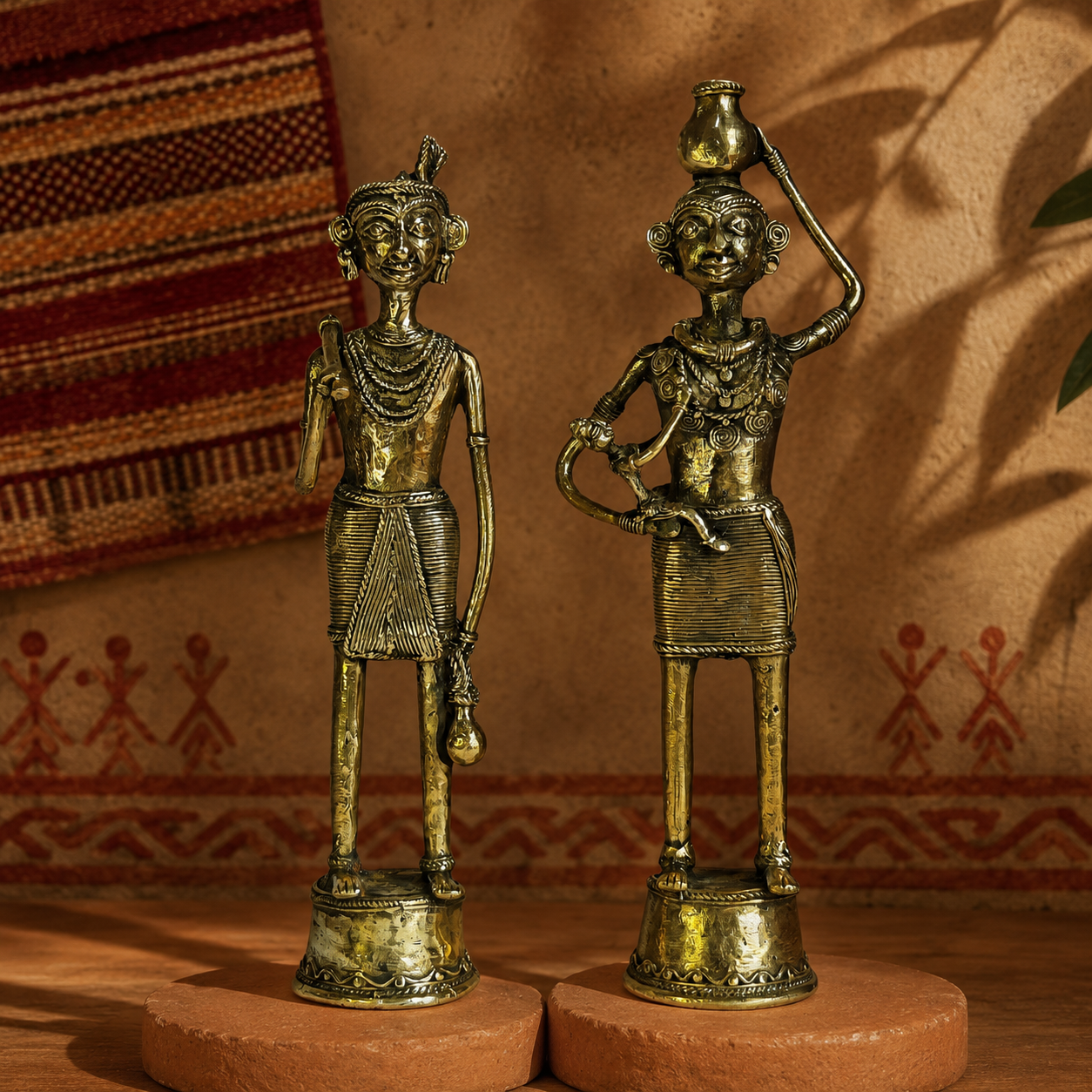 Dhokra Tribal Couple on terracotta plinths in a Bastar-inspired editorial setting