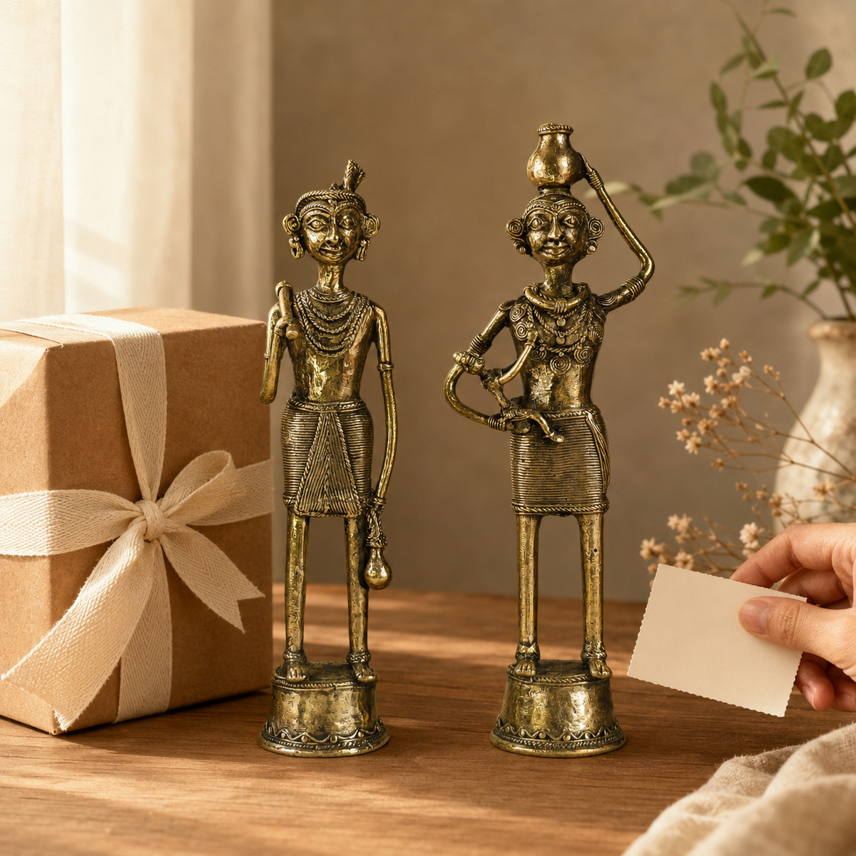 Two-piece Dhokra Tribal Couple brass figurine set beside a ribboned gift box and note card