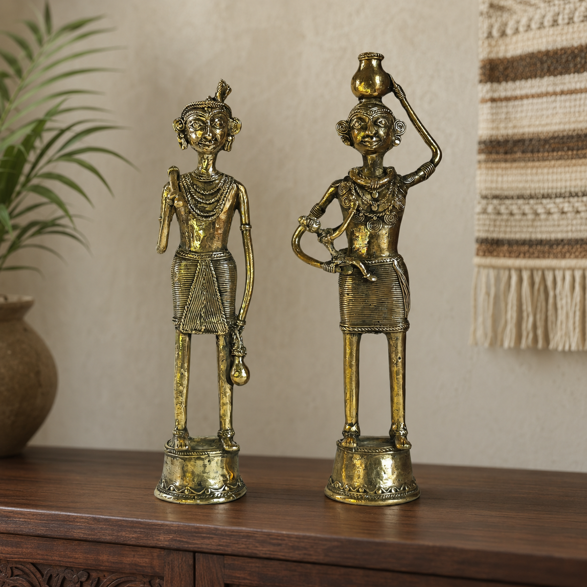 Dhokra Tribal Couple displayed on a walnut console in a calm living room