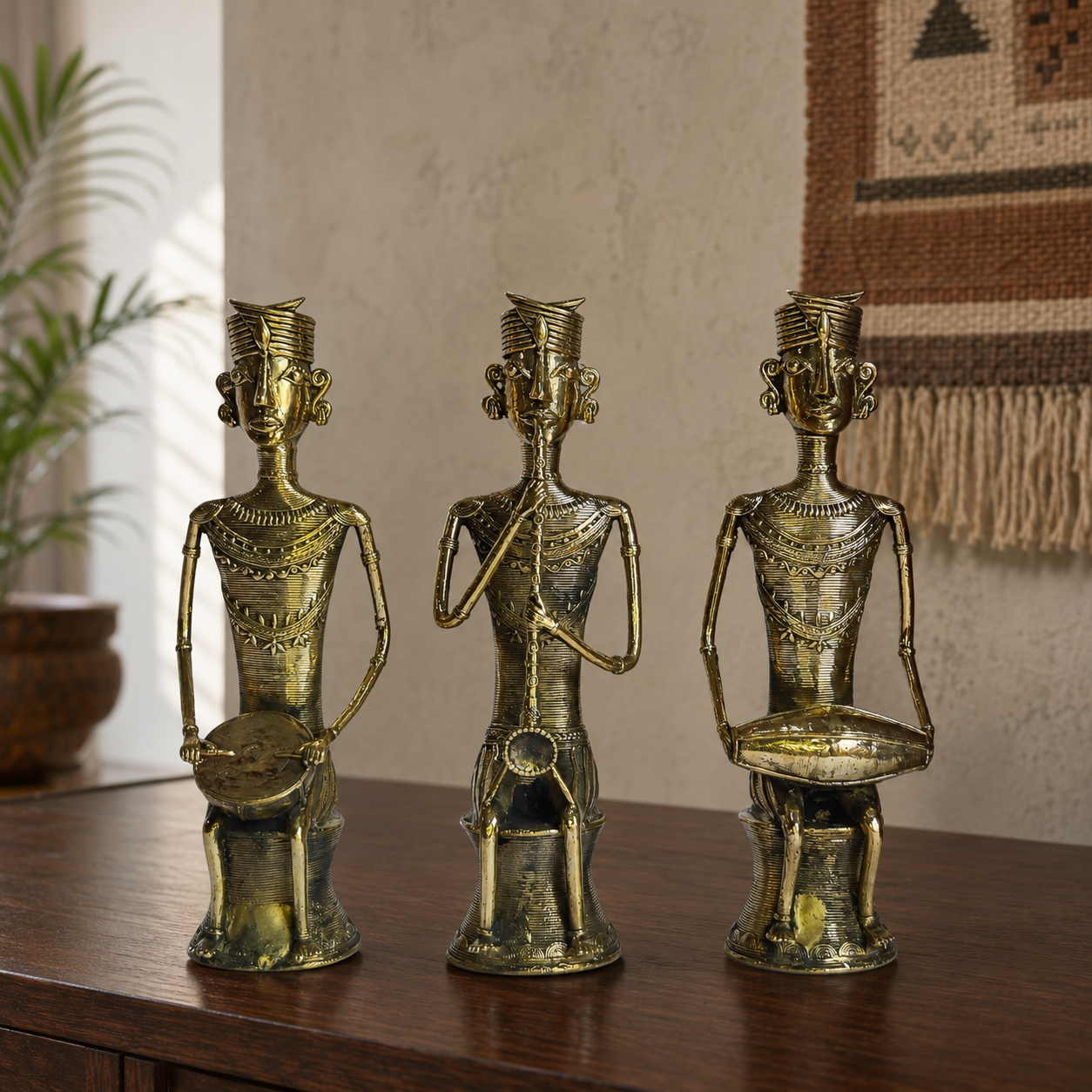 Dhokra Tribal Musician Set displayed on a walnut console in a calm living room