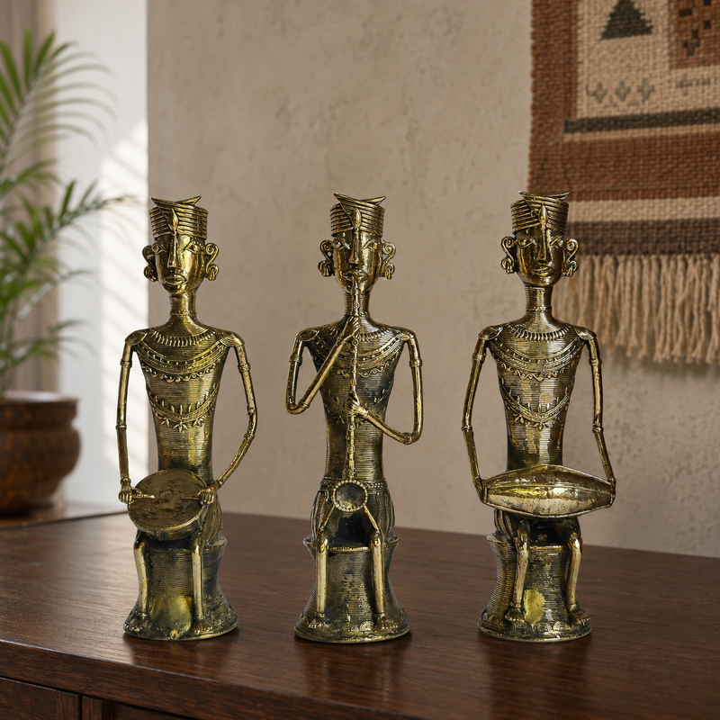 Dhokra Tribal Musician Set displayed on a walnut console in a calm living room