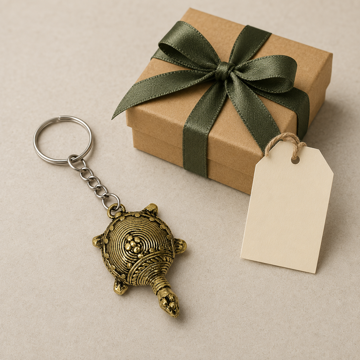 Dhokra brass turtle keyring with silver split ring, short chain and concentric shell detail beside a ribboned gift box