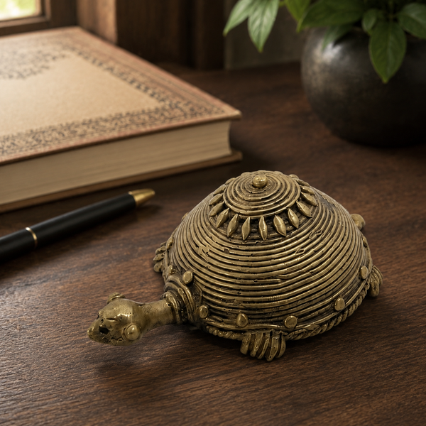 Dhokra brass turtle paperweight styled on a warm wooden home-office desk