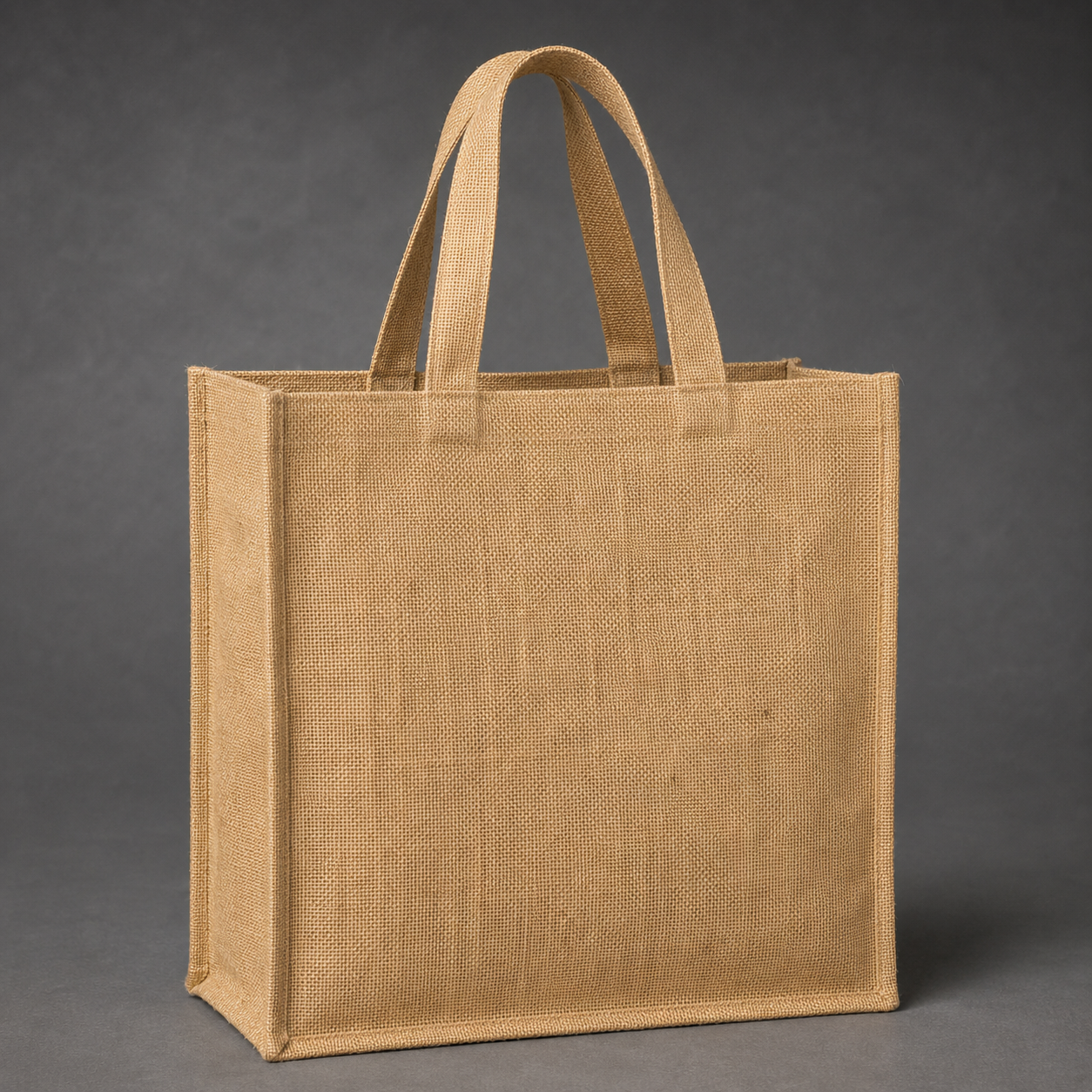 Detailed view of the coarse weave, stitching and gusset of a natural jute tote