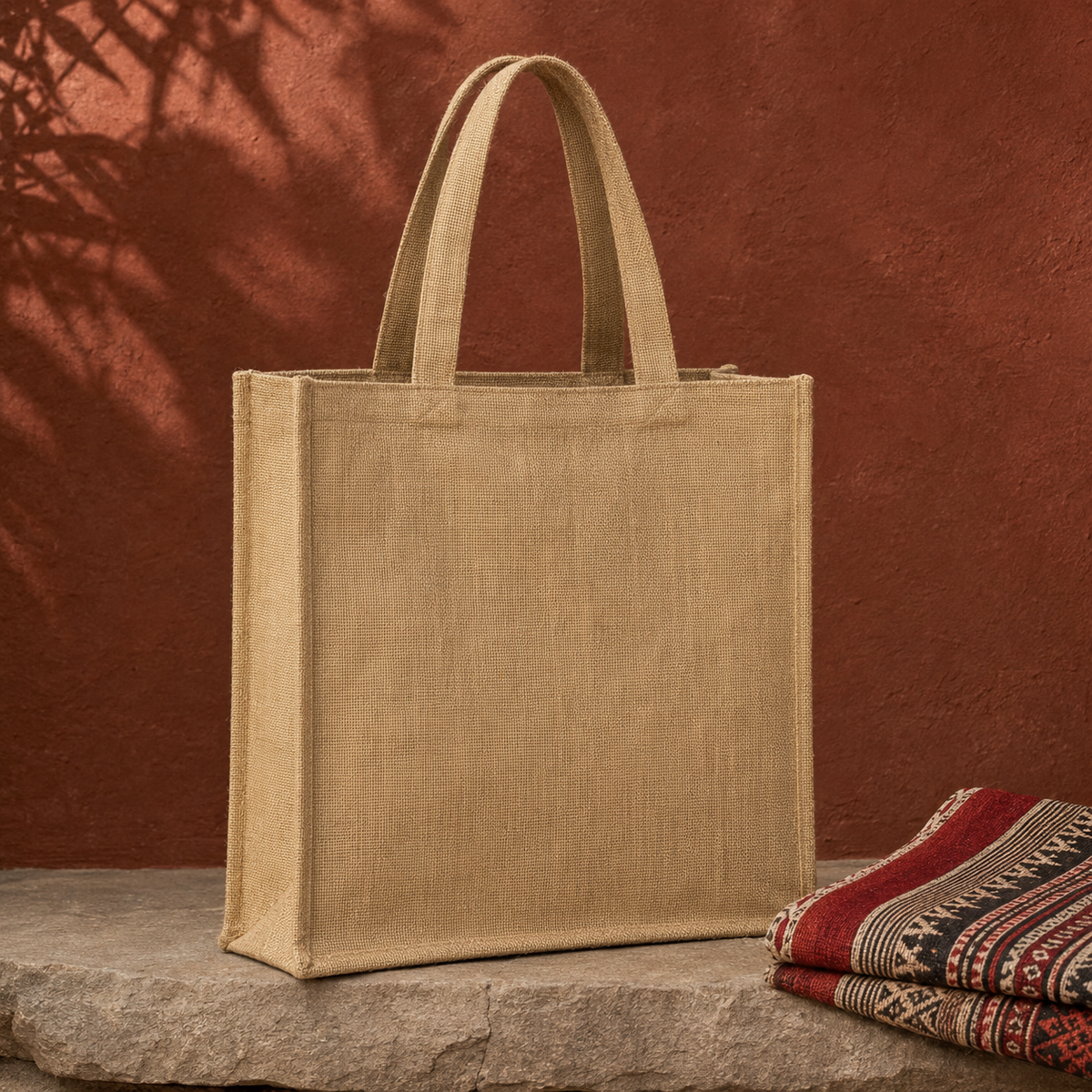 Plain handcrafted jute tote displayed on an ochre craft editorial set