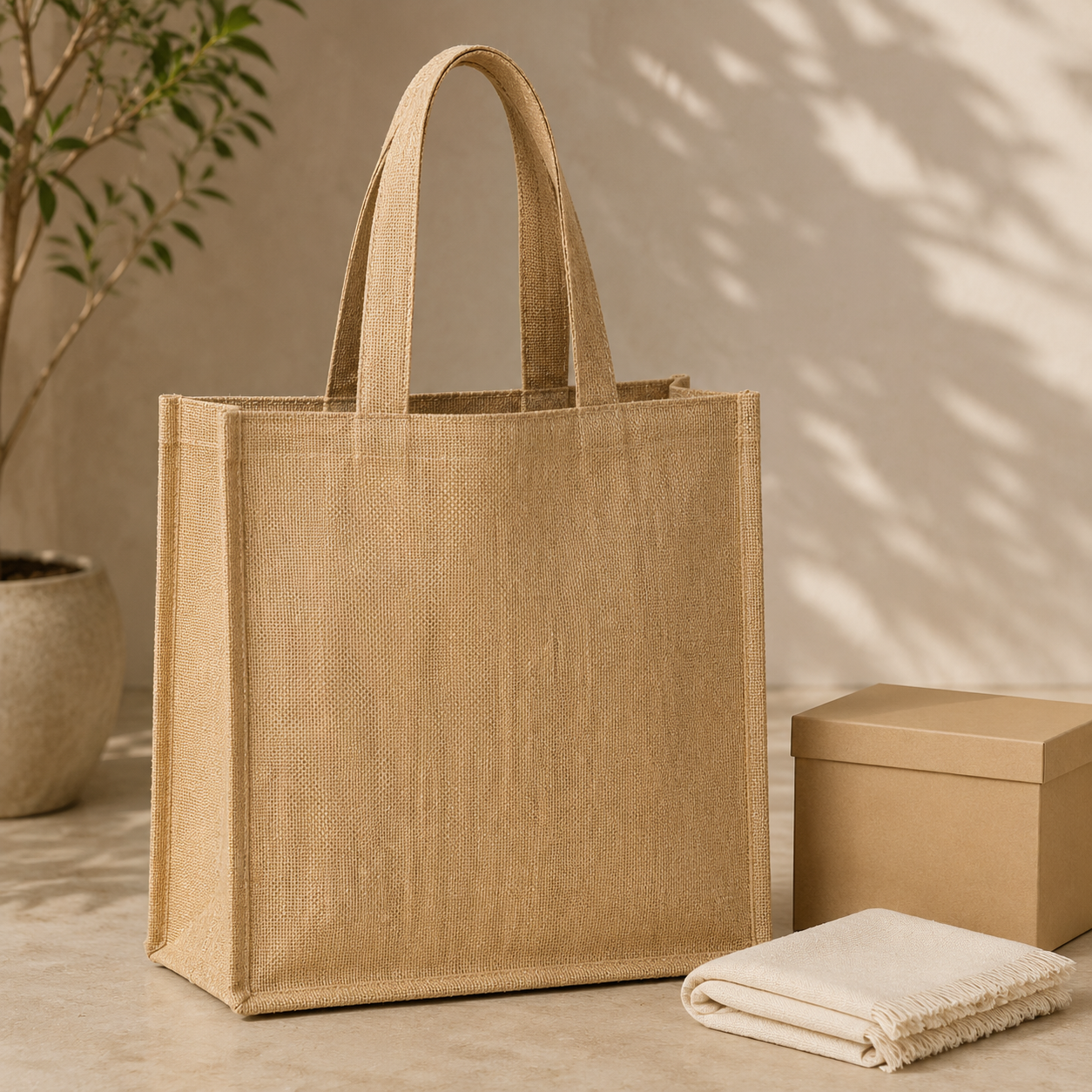 Natural jute tote bag presented beside a kraft gift box and cotton wrap