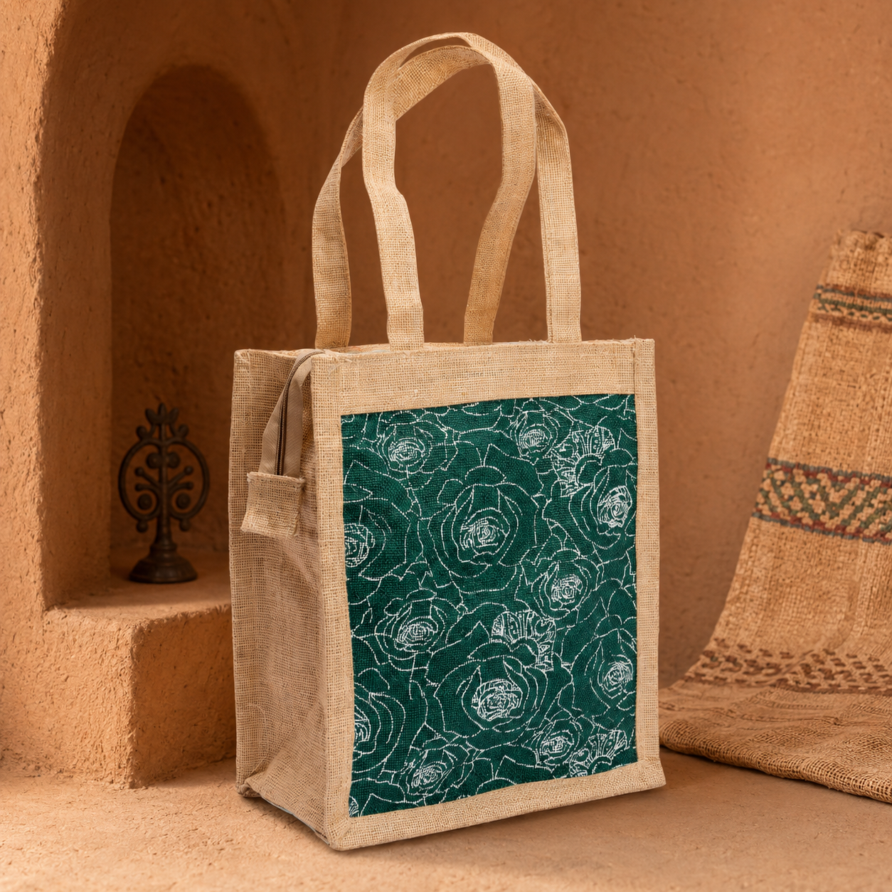 Jute tote bag with green floral panel in a terracotta Bastar craft editorial setting