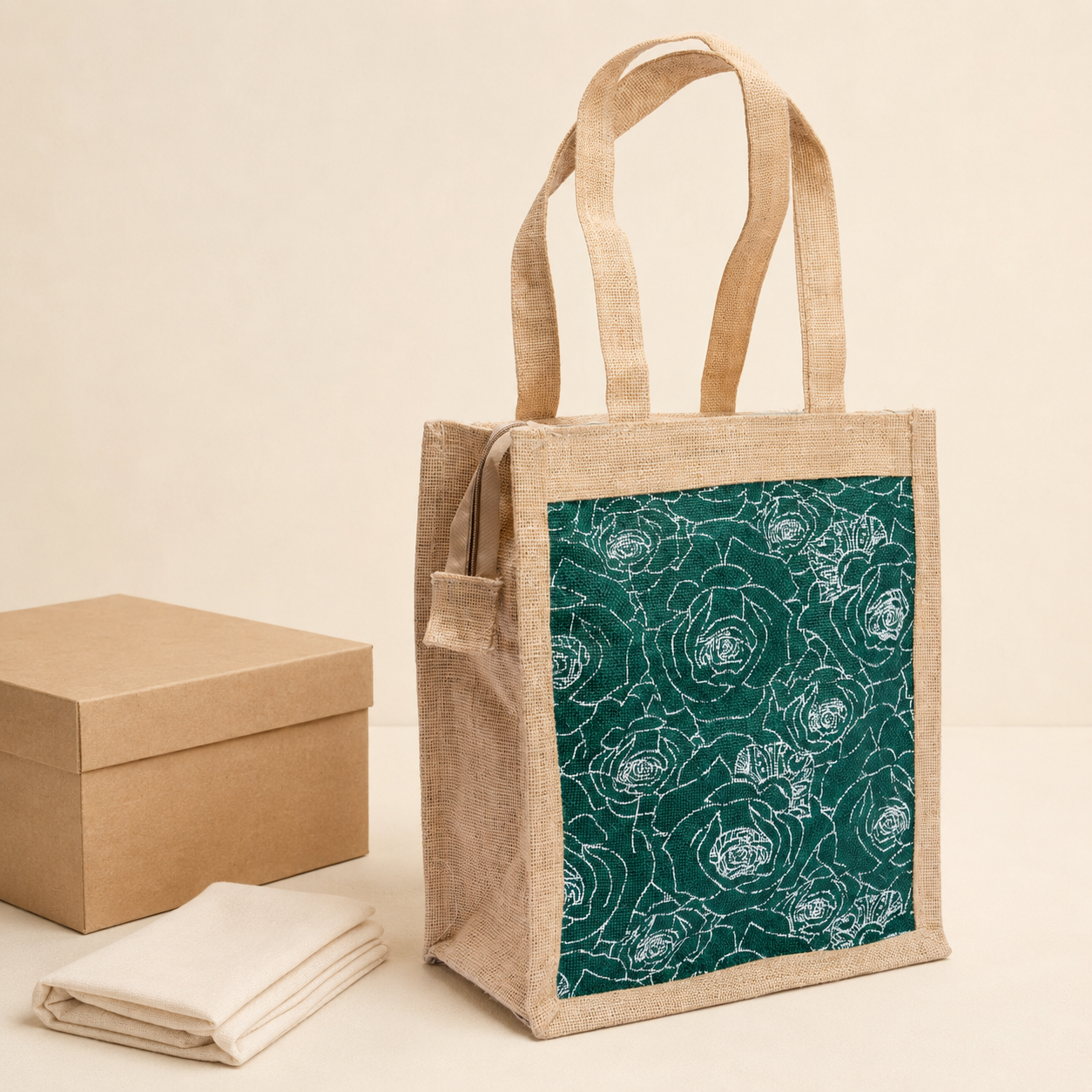 Eco-friendly jute tote bag presented with a kraft gift box and folded cotton cloth