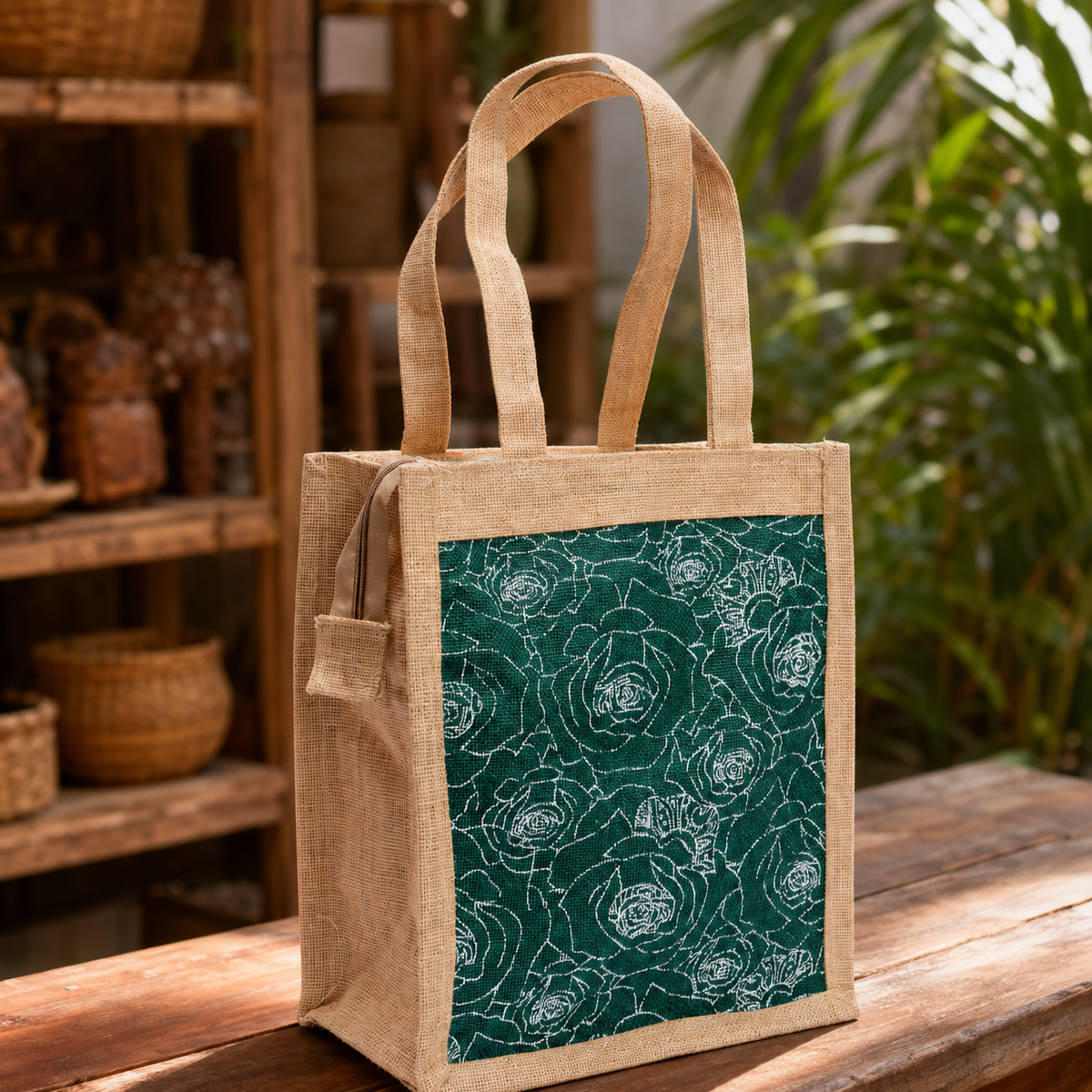 Handcrafted jute tote bag displayed in a warm eco-conscious shopping setting