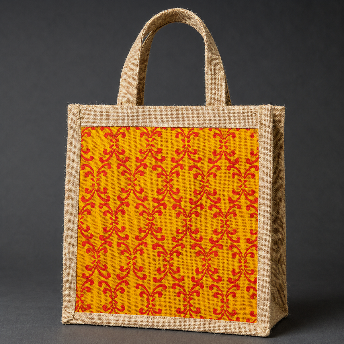 Detailed view of the woven jute fibres, seams and red hand-printed floral pattern