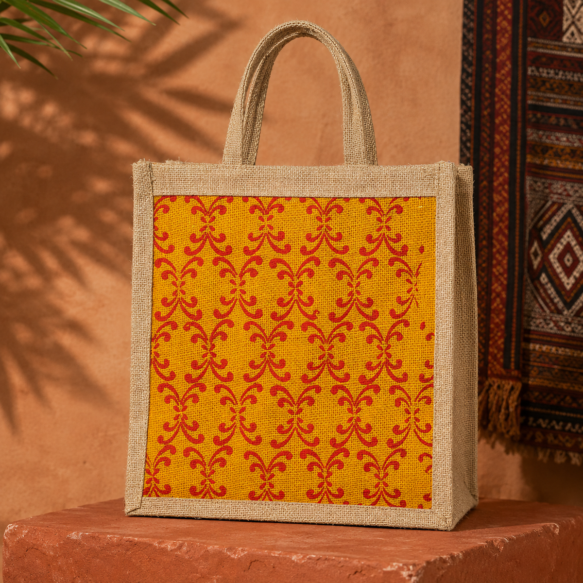 Handcrafted jute tote with red floral print displayed on an ochre artisan plinth