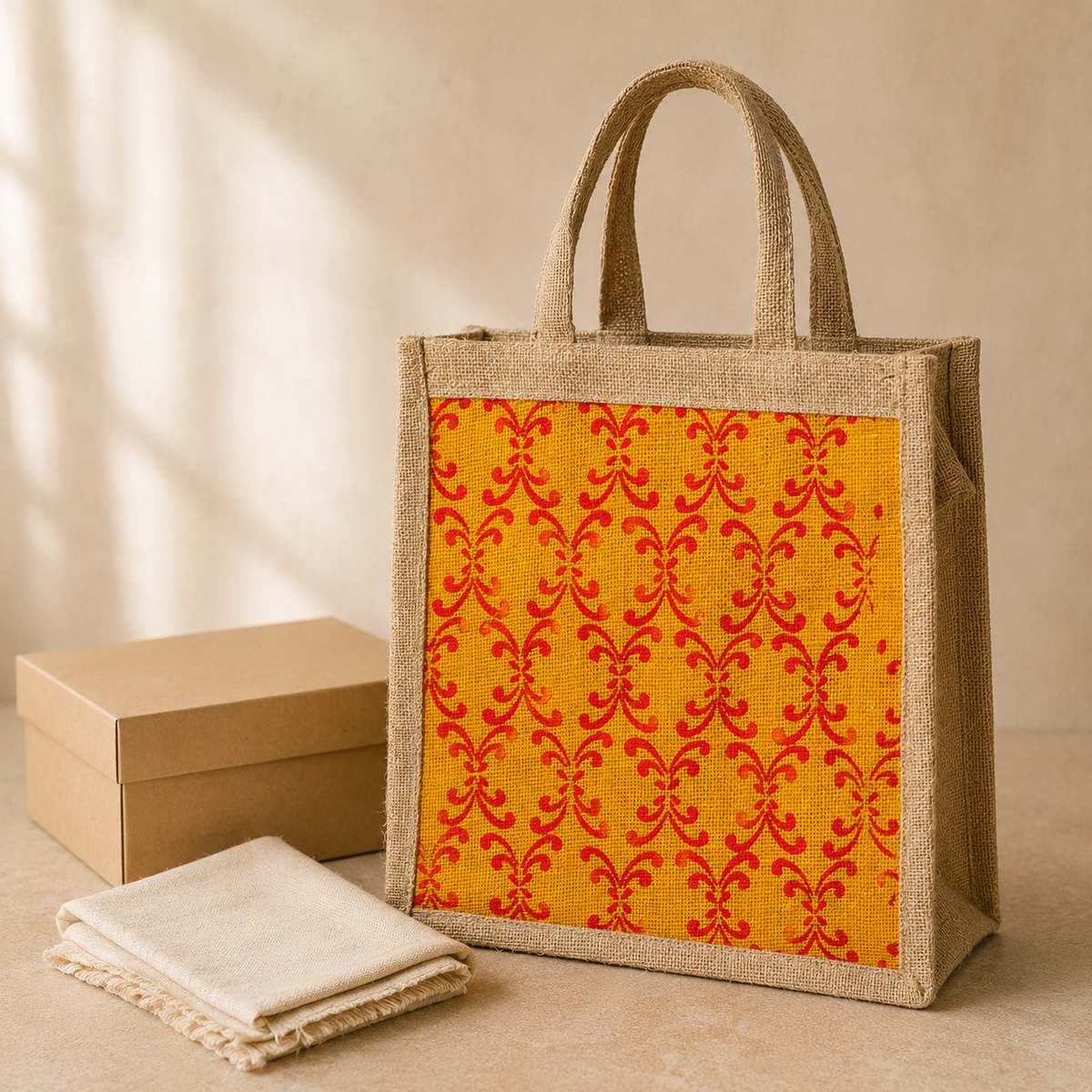 Handcrafted jute tote bag presented beside a kraft gift box and cotton wrap