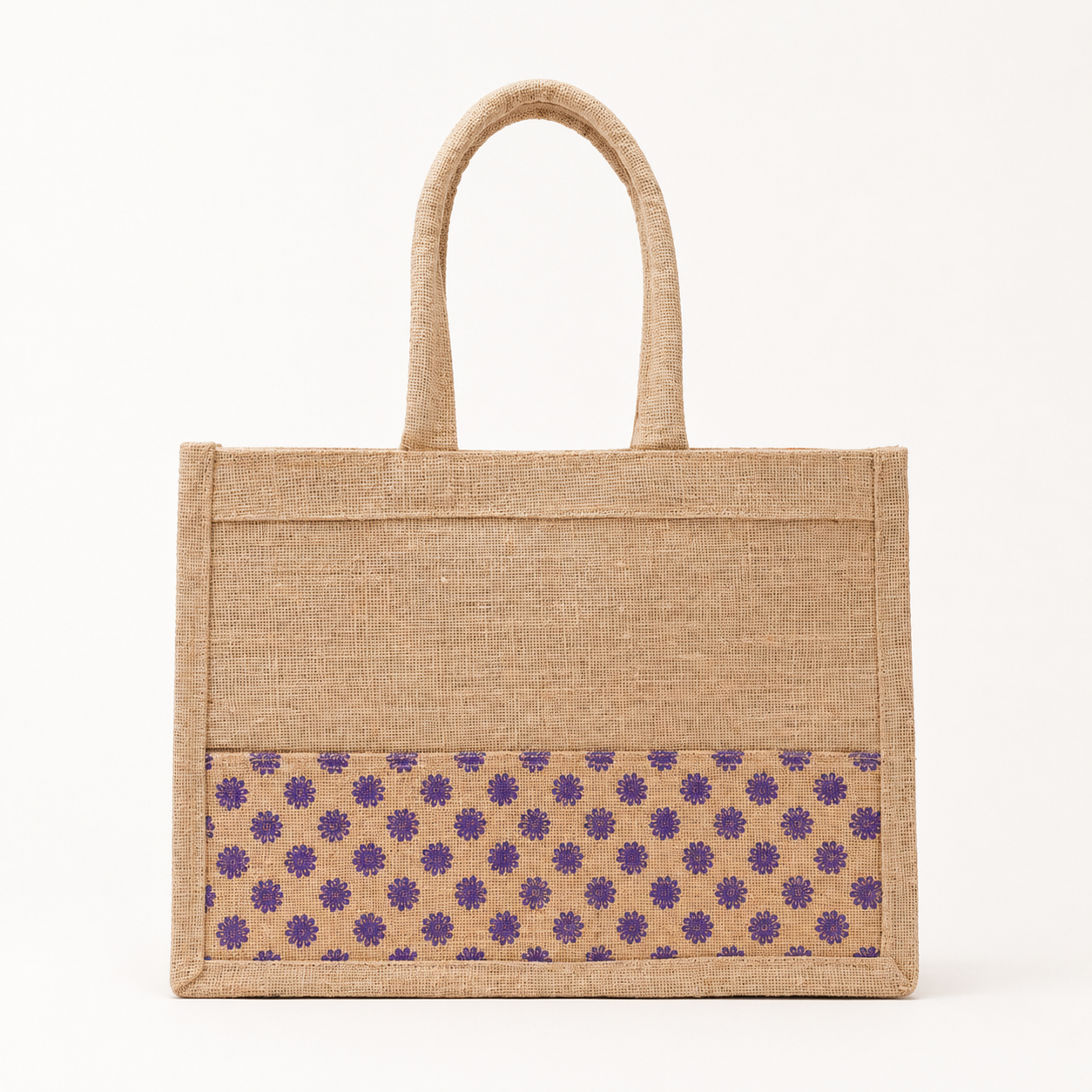 Natural jute tote bag with purple floral lower panel on a clean warm-white background