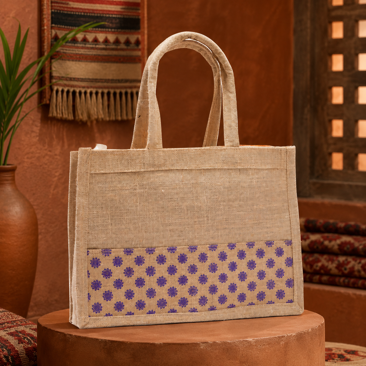 Bastar handcrafted jute tote bag styled on a terracotta pedestal with woven textile accents
